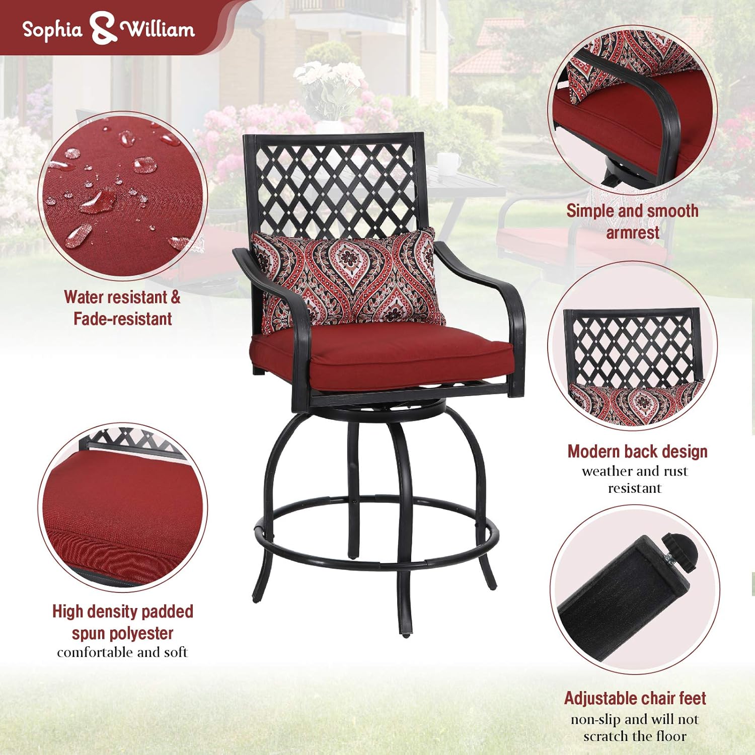 Sophia & William Outdoor Swivel Bar Stools Chairs Set of 2 Patio Bar Height Bistro Dining Chairs, All-Weather Patio Metal Furniture Set with Armrest and Red Cushion for Garden Lawn Backyard