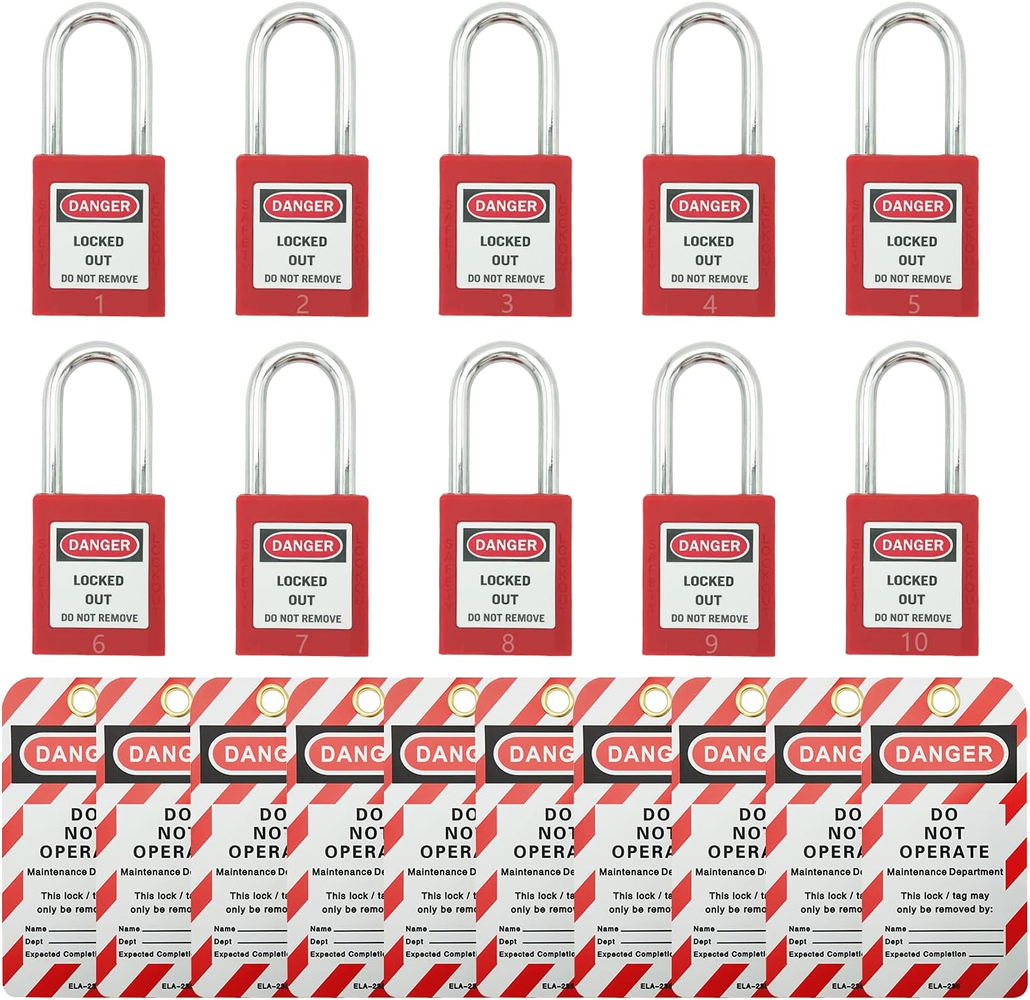 SAFBY 10 Keyed Different Lockout Tagout Locks with 10 Lock Out Tag Out Tags - Loto Safety Padlocks for Lock Out Tag Out Stations and Devices with Number 1-10 (Keyed Different, 10 Locks with 10 Tags) Pack of 2