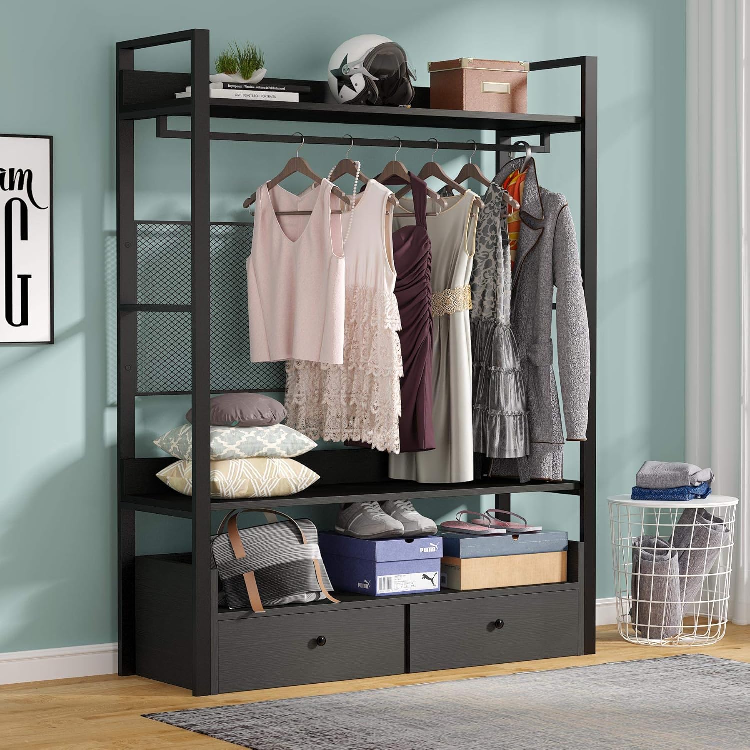Tribesigns Freestanding Closet Organizer with 2 Drawers and Storage Shelves, Large Garment Rack with Hang Rods (Black)