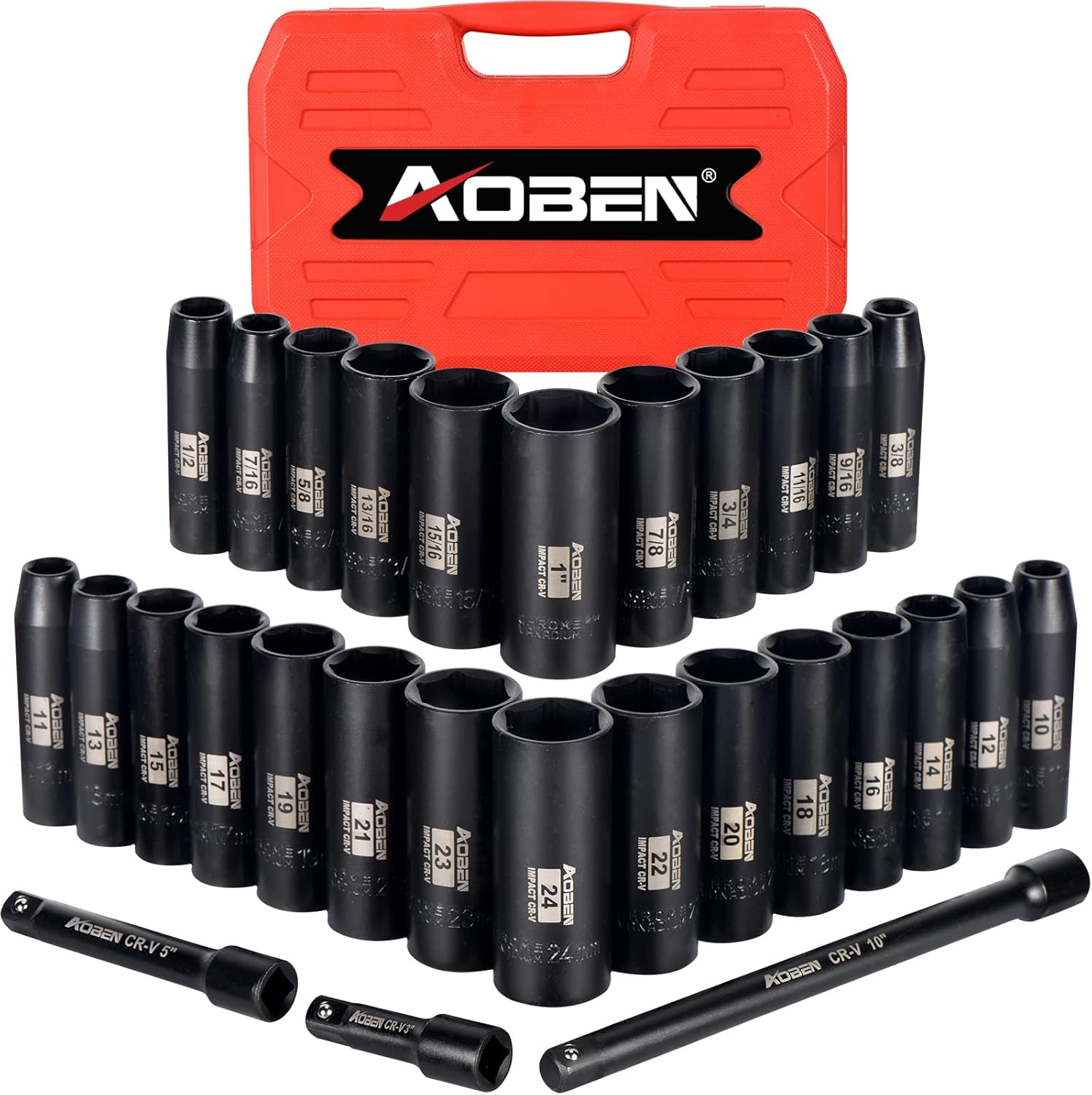 AOBEN 1/2-Inch Drive Impact Socket Set, 29 Pieces, 6 Point, SAE/Metric, (3/8