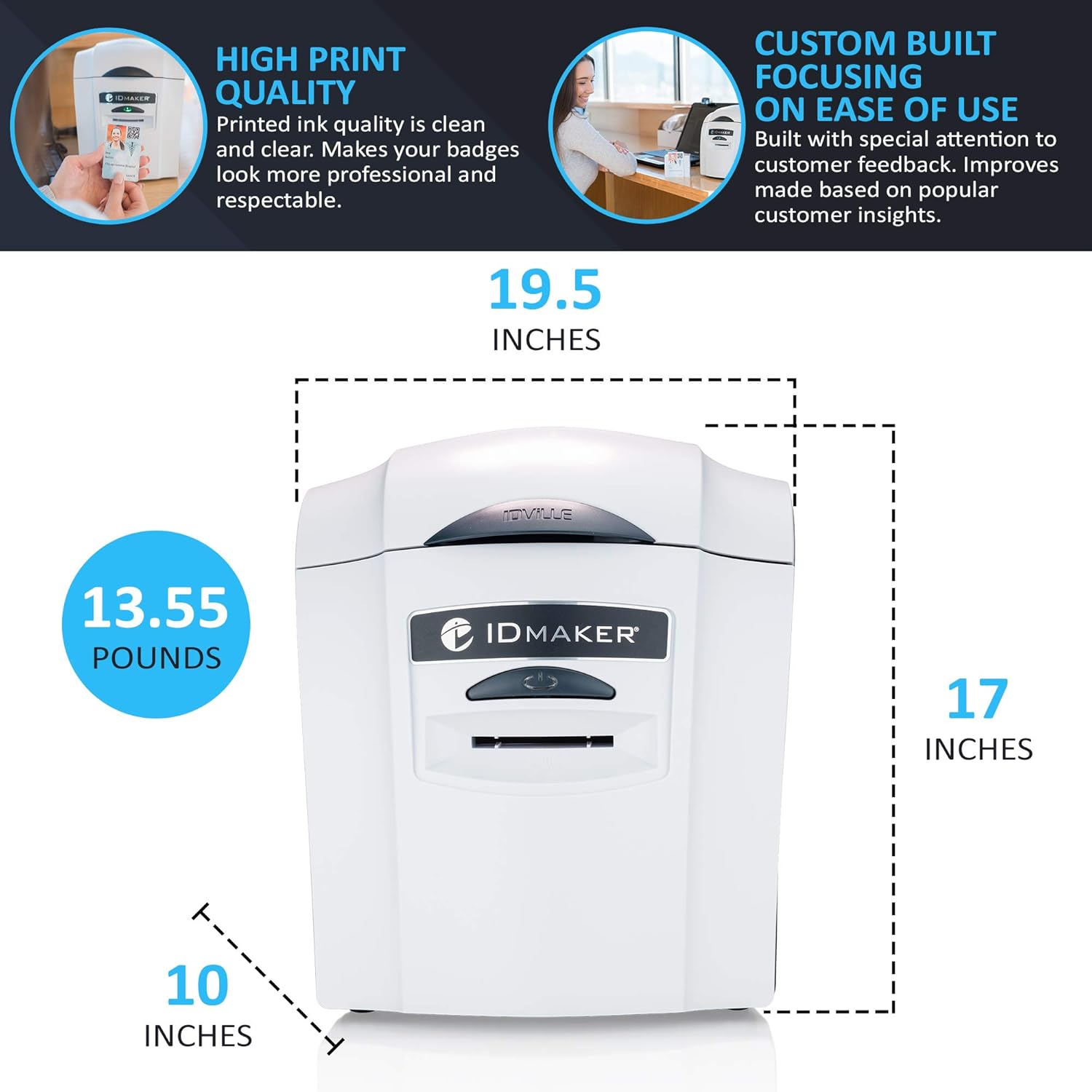 ID Maker Card Printer Machine & Supply Kit for Badge Printing - Print Professional Quality 1 Sided Identification Badges - IDMaker Software, Premium Camera, 100-Print Color Ribbon, 100 Blank PVC Cards