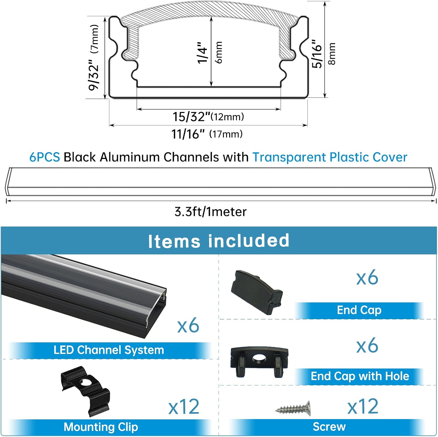 Muzata 6Pack 3.3FT/1M Black LED Channel System with Crystal Transparent Clear Cover Lens, Aluminum Extrusion Track Housing Profile for Strip Tape Light, U Shape U1SW BT
