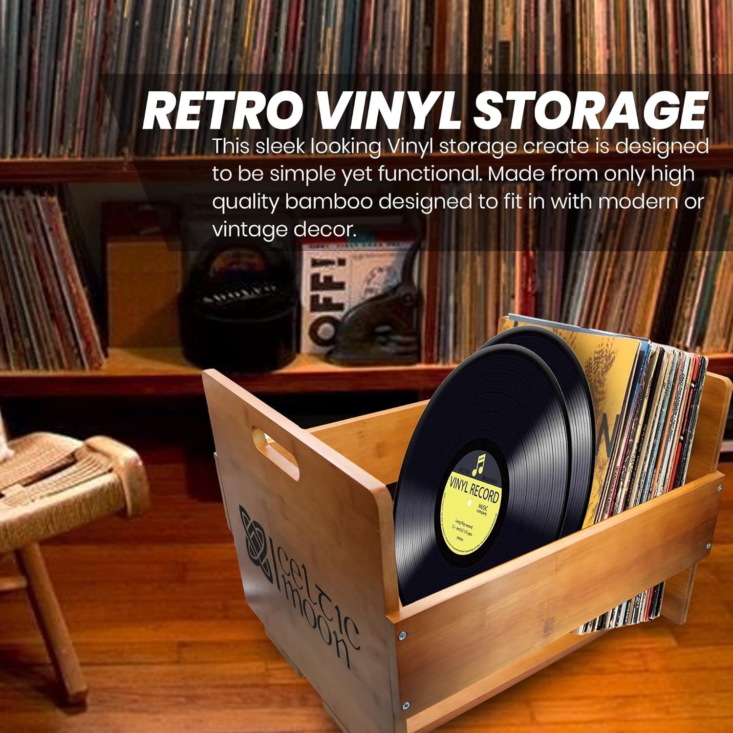 High-End Bamboo Wood Record Storage Crate, Holds Up to 80 Records, Holder & Organizer, Vinyl Storage, Crate & Organizer, LP Box, Milk Crate, 5 7/8