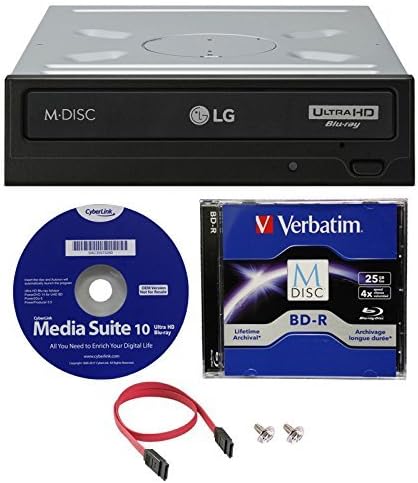 LG WH16NS60 16x Internal Blu-ray BDXL M-Disc Drive (with Ultra HD 4K Playback) Bundle with 50GB Verbatim M-Disc BD-R DL,Cyberlink and Cable