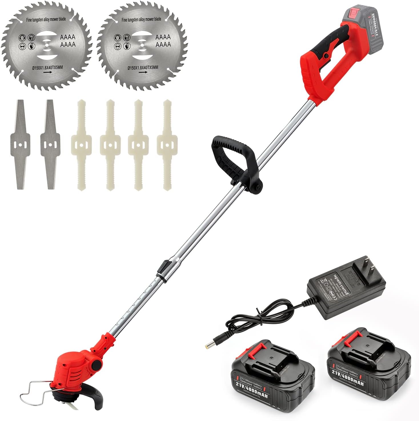MAXMAN Cordless Weed Eater,21V Stringless Weed Wacker with 3 Types Blades, Weed Trimmer Brush Cutter for Lawn Garden Pruning and Trimming, 2Pcs 21V 4Ah Batteries and Charger Included, Lightweight, Red