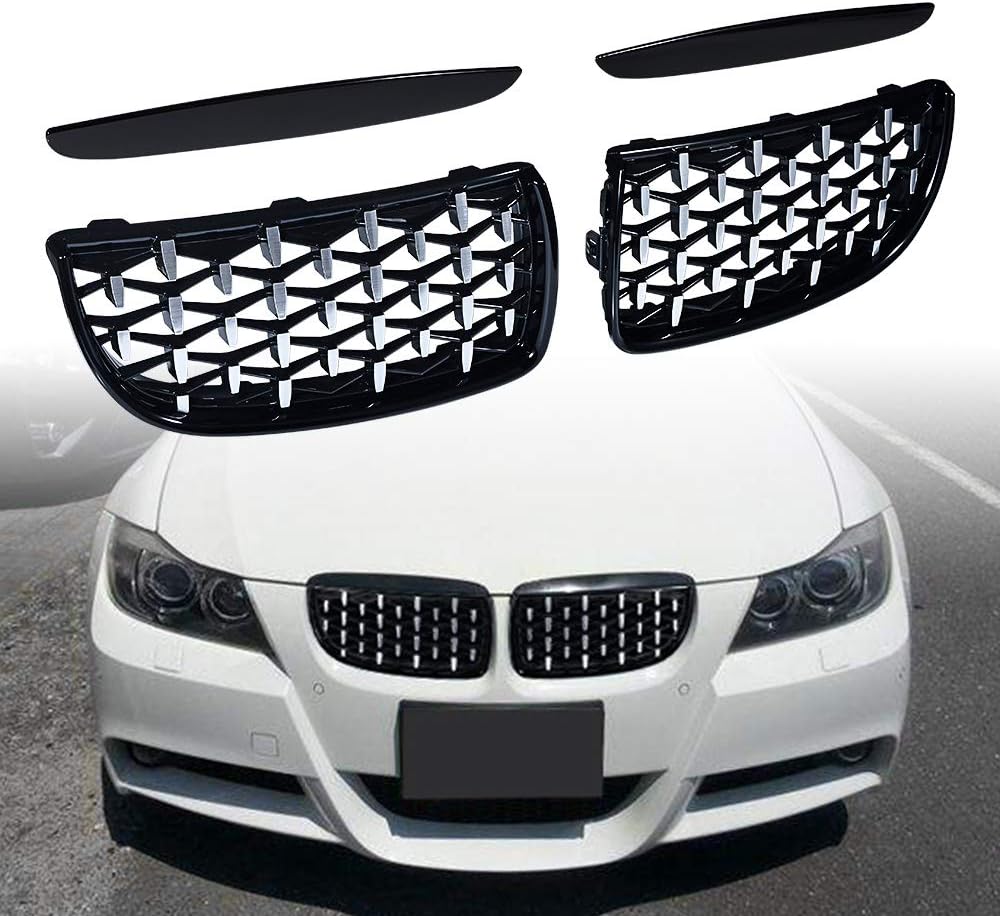 AstraDepot Glossy Black Front Hood Kidney Grille Grill Diamond Meteor Style Compatible with BMW E90/E91 Sedan Wagon 2005-2008
