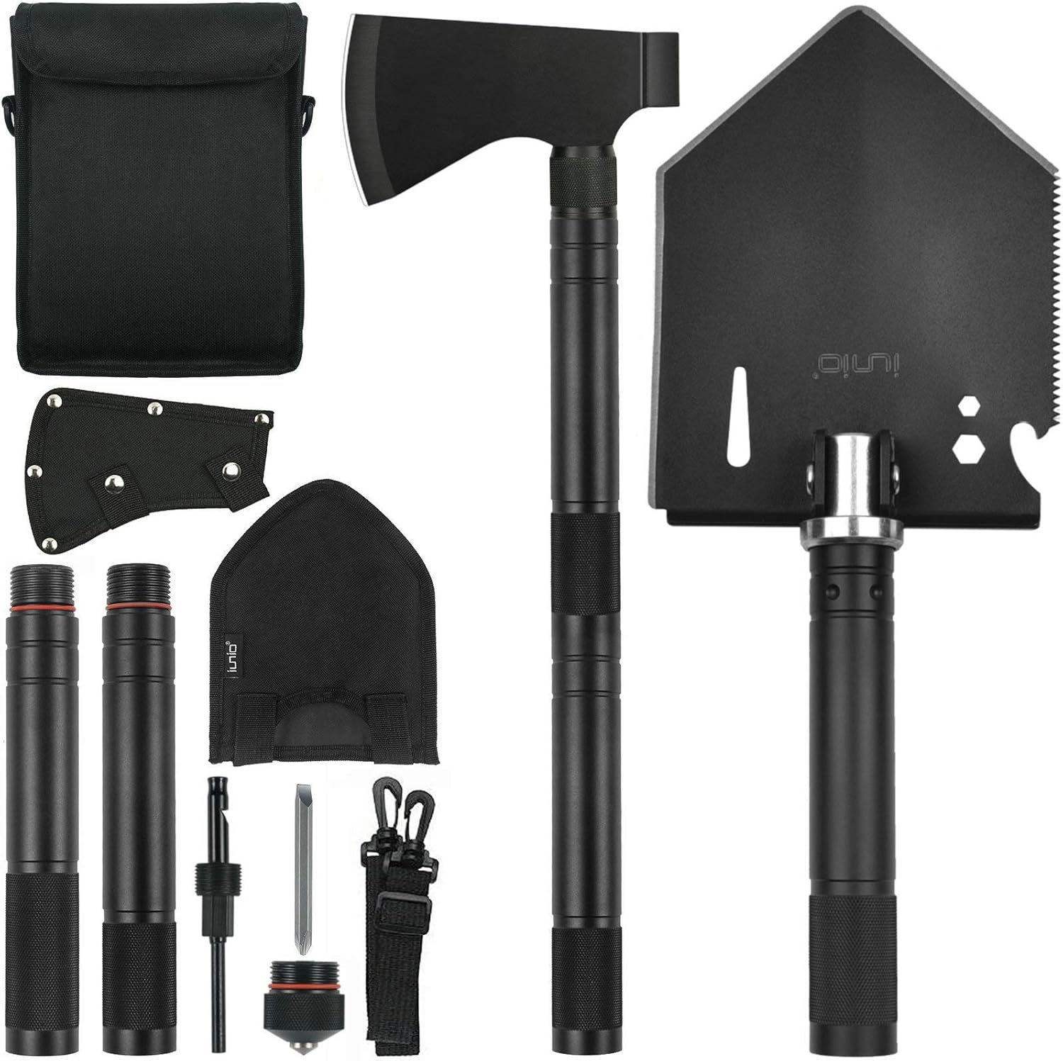 iunio Folding Shovel and Camping Axe Tool Kit, with Carrying Bag, Multitool Spade, Survival Hatchet for Camping, Hiking, Backpacking, Entrenching, Car Emergency