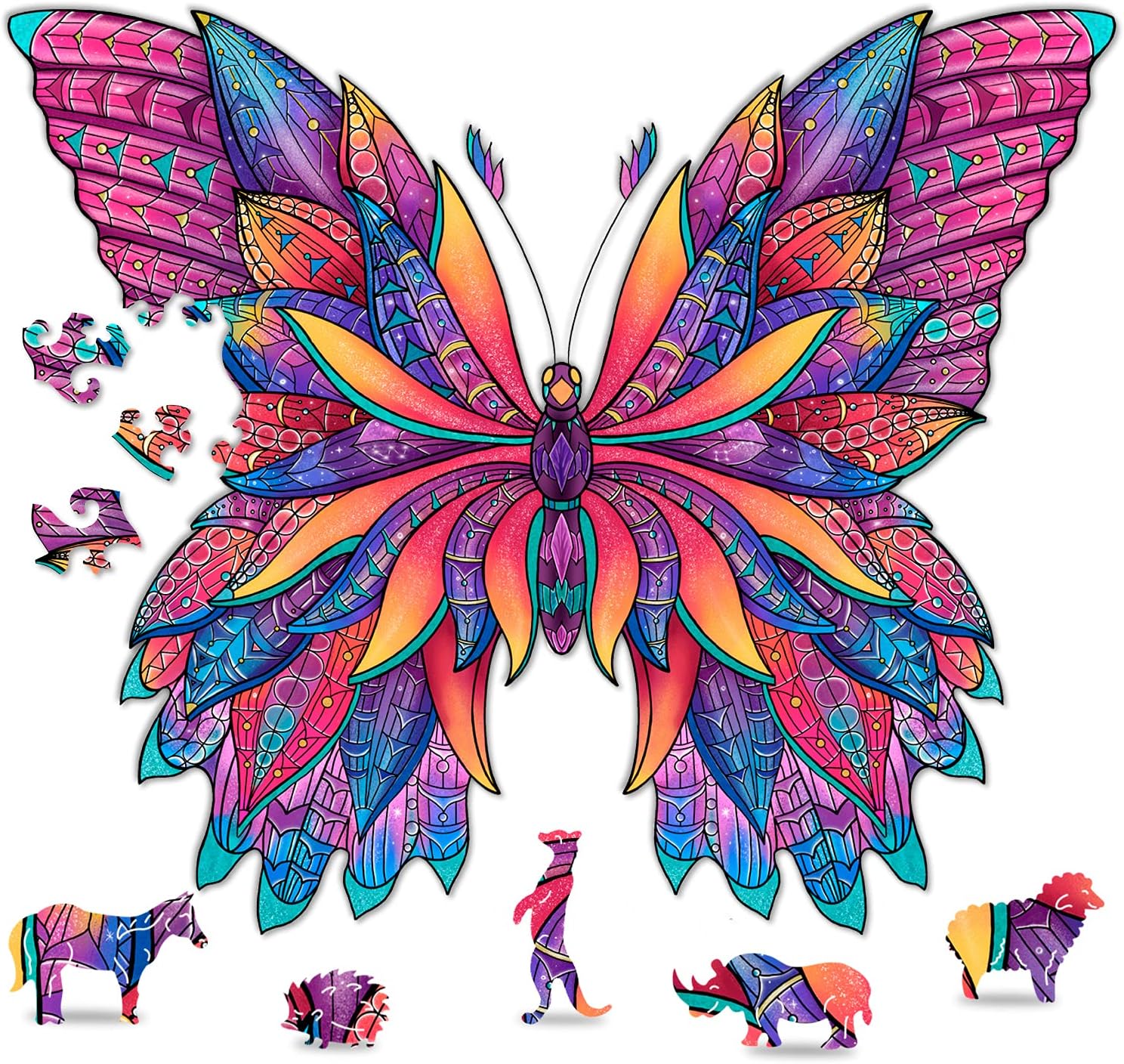 Hodslen Woods - Animal Wooden Jigsaw Puzzles for Kids (12+ Years) Adult, Teens, Family; Majestic Animal Shaped Natural Wood Puzzle, Medium Level,12.2x12.2 in. (31x31 cm),130 pcs, L - Size – Butterfly Pack of 2