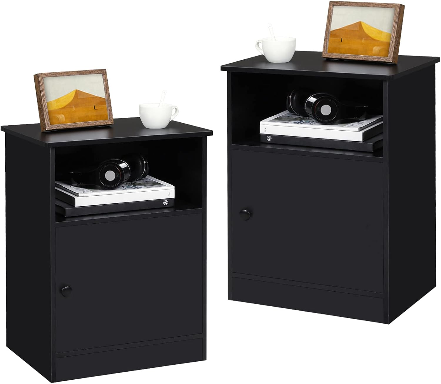 EPHEX Set of 2 Nightstand with Cabinet and Open Drawers, End Table Side Table, File Cabinet for Home Office, Storage Table Bedside Cabinets for Bedroom, Black