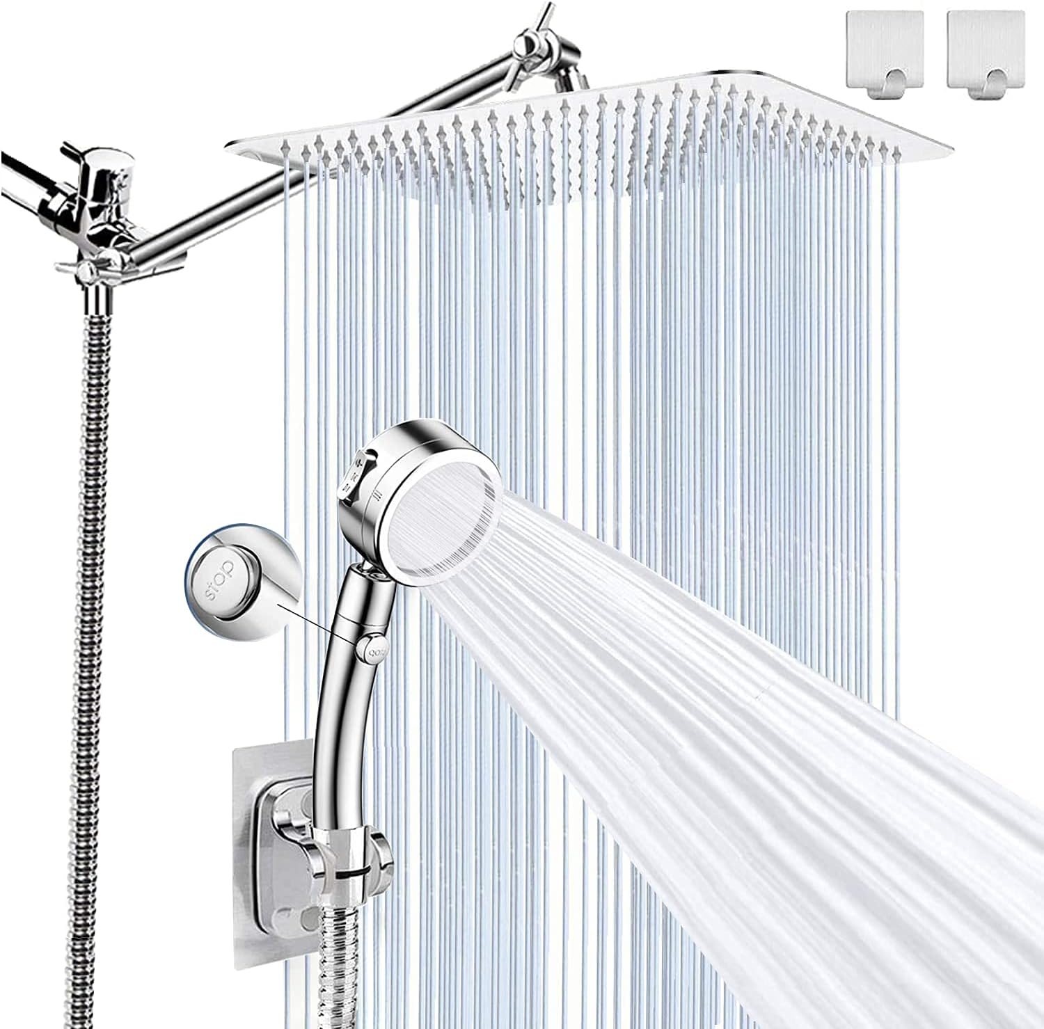 Shower Head, Rainfall Shower Head with Handheld, 10'' High Pressure Rainfall Shower Head / 3 Settings Handheld Showerhead Combo with Extension Arm, Shower Holder/78'' Hose (Chrome) Pack of 2