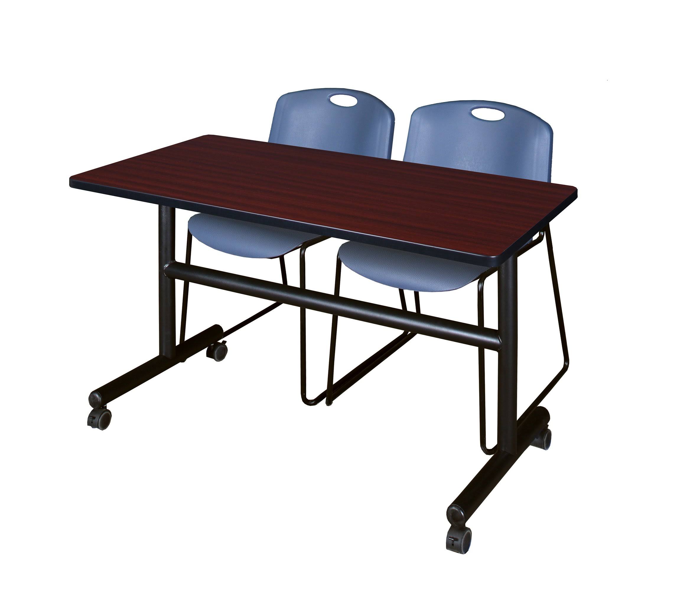 Regency Kobe 48x22 Flip Top Mobile Training Table- Mahogany u0026 2 Zeng Stack Chairs- Blue