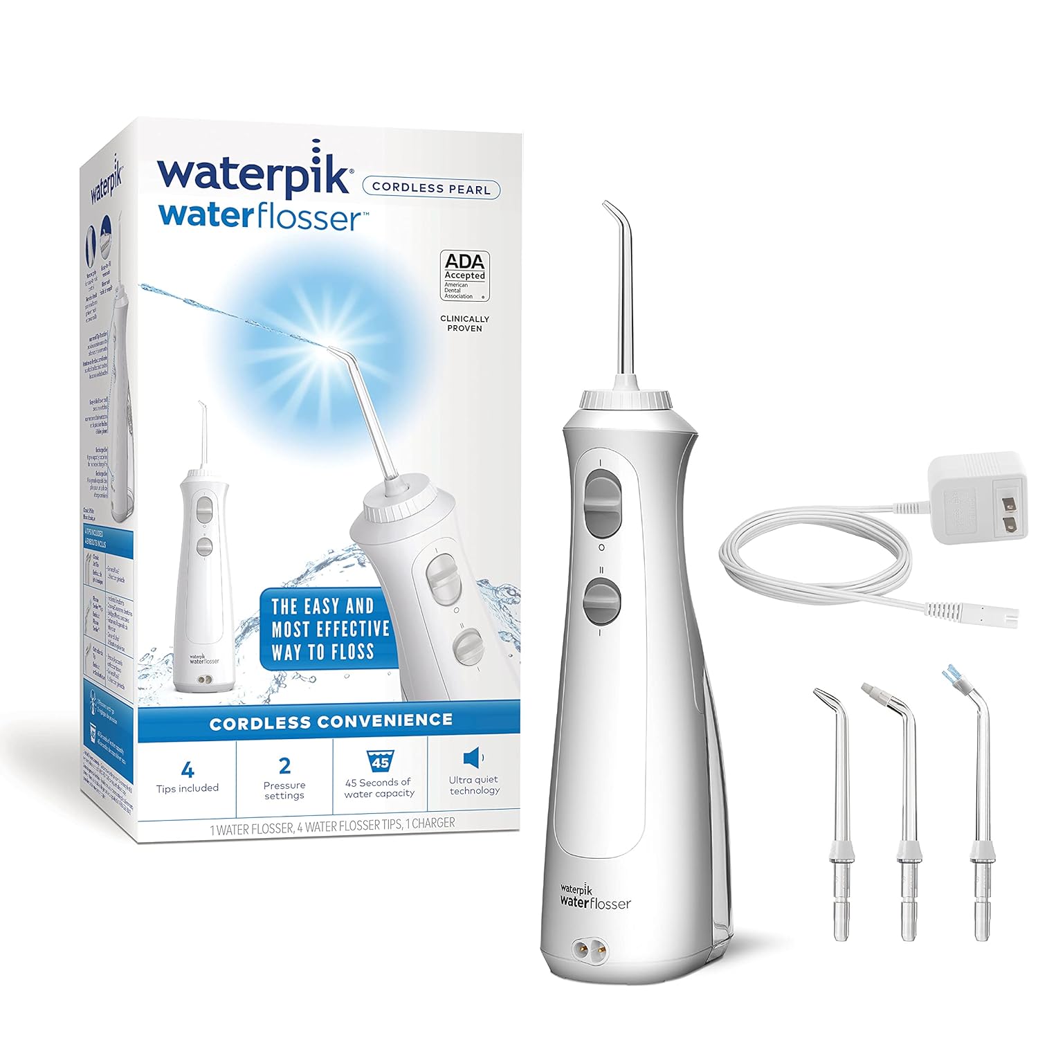 Waterpik Cordless Pearl Rechargeable Portable Water Flosser for Teeth, Gums, Braces Care and Travel with 4 Flossing Tips, ADA Accepted, WF-13 White Pack of 2