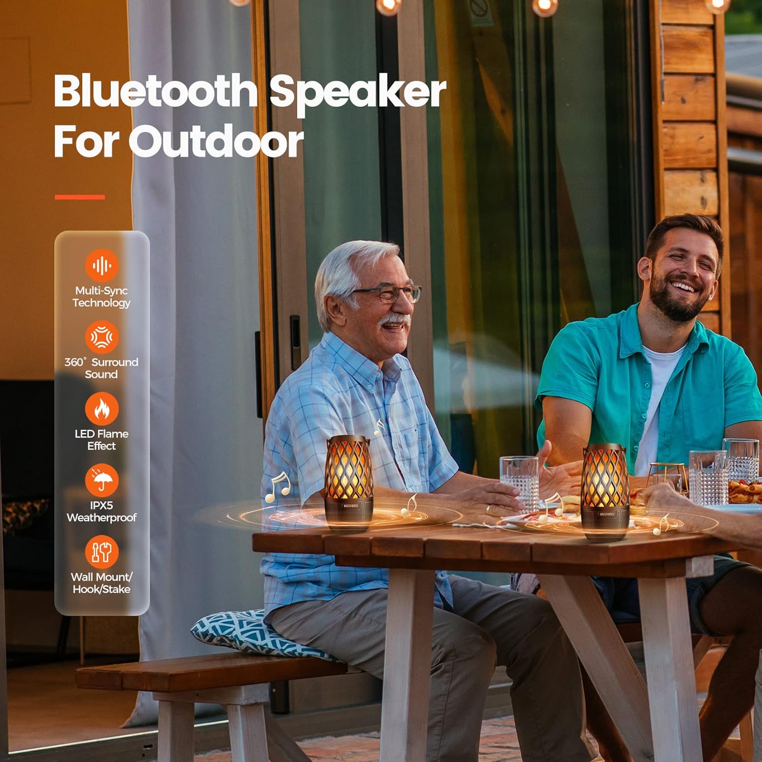 Outdoor Bluetooth Speaker with Light, Realistic Flame Effect, Sync up to 100 Wireless Portable Speaker with Wall Mount/Stake/Hook, Waterproof for Patio/Yard/Party, Christmas Gift & Decor Idea, 2 Pack