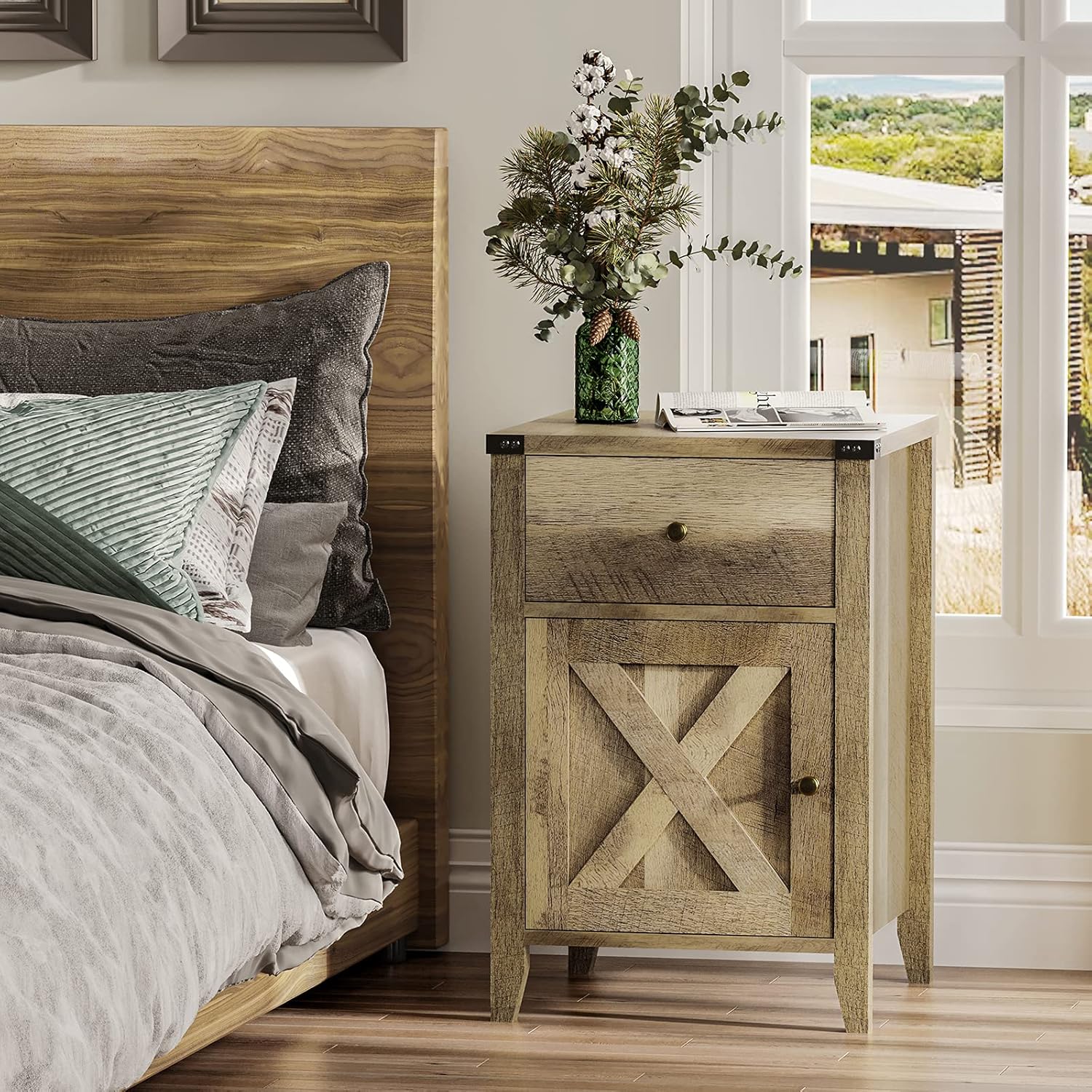 Ittar Farmhouse End Table with Cabinet and Drawer, Nightstand for Bedroom, Side Table for Living Room, Wood Look Accent Table (Rustic Oak)