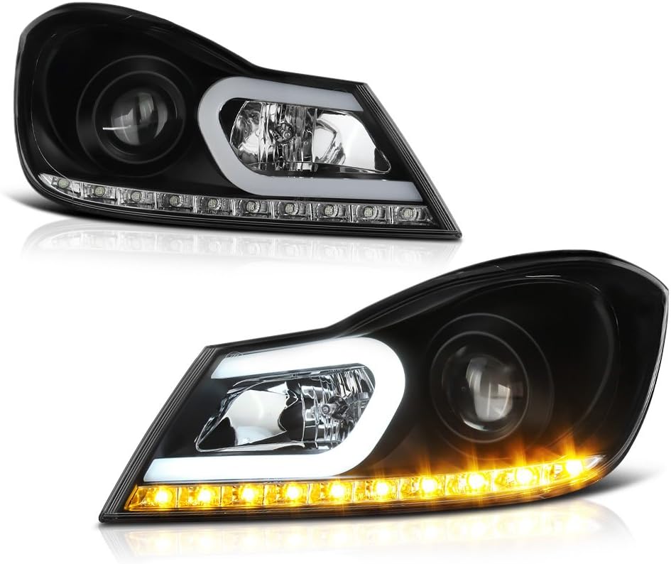 [For 2012-2014 Mercedes-Benz W204 C-Class Halogen Model] OLED Neon Tube Black Projector Headlight Headlamp Assembly, Driver & Passenger Side