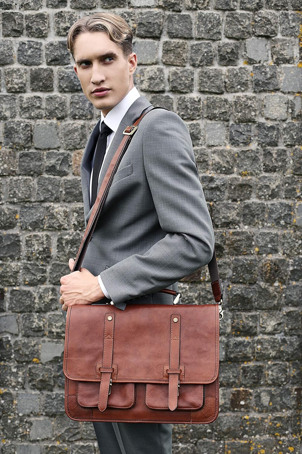 Leather Briefcase Laptop Bag Converting to Backpack - Handmade Messenger Computer Shoulder Handbag Portfolio Satchel for Business Work - Time Resistance