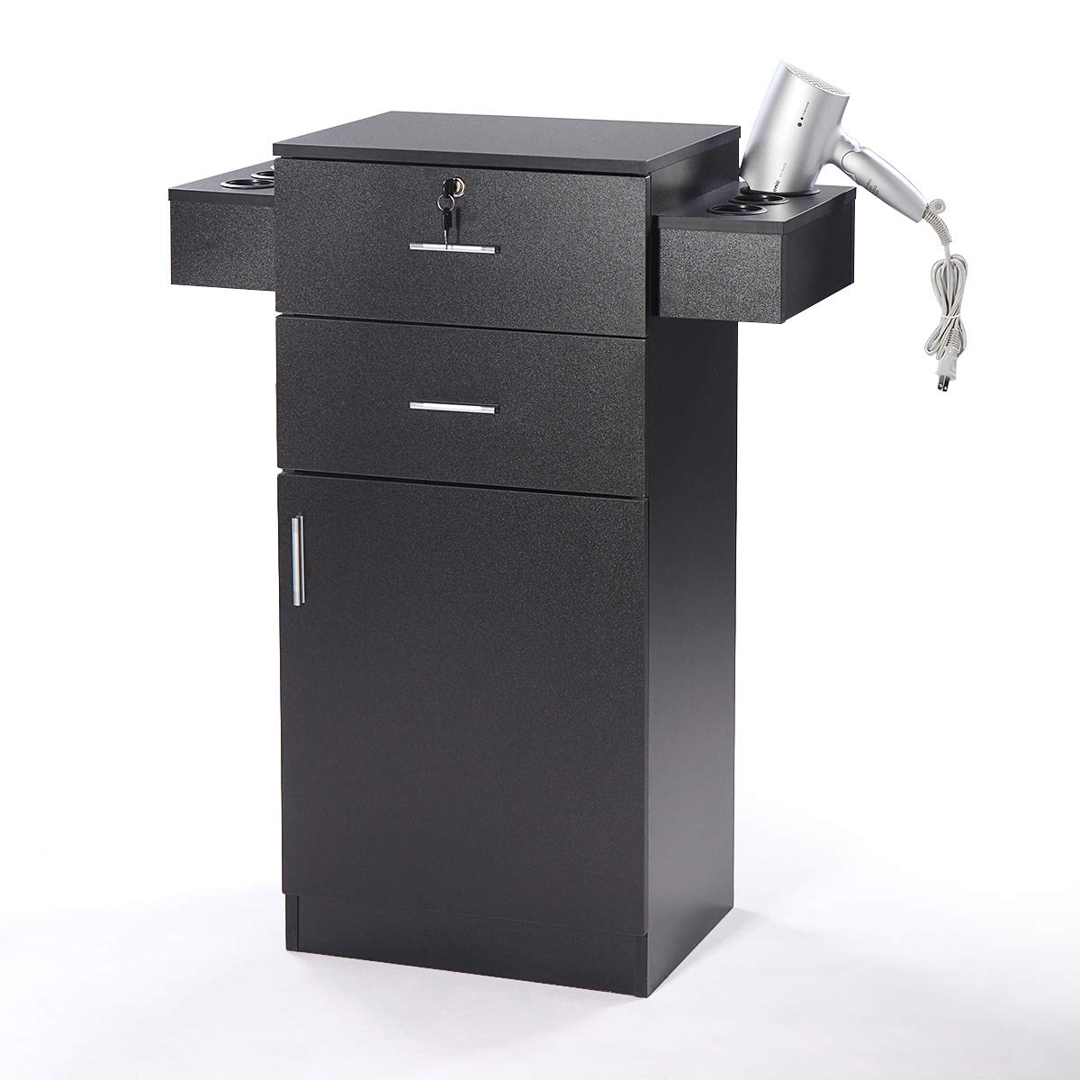 JAXPETY 3-Layer Beauty Salon Storage Cabinet, Lockable Styling Station with 6 Hair Dryer Holder, 2 Drawers Salon Stations for Hair Stylist, Black