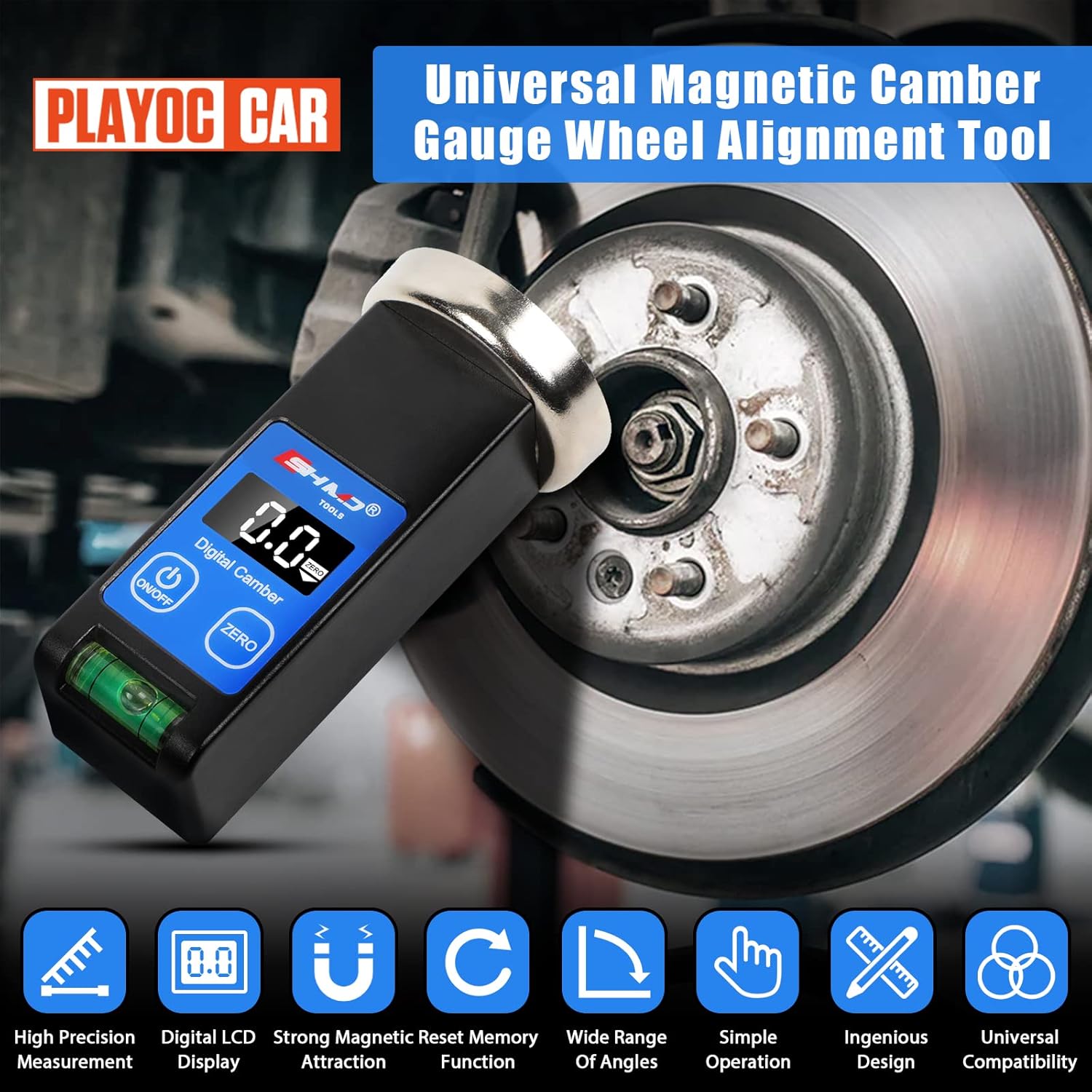 PLAYOCCAR Universal Magnetic Camber Gauge Tool, Digital Castor Wheel Alignment Tools with LCD Display for Car Bus Truck RV ect. Pack of 2