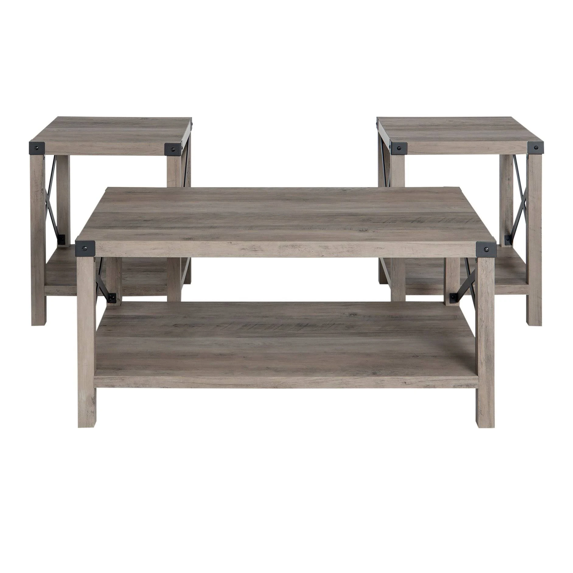 Walker Edison 3-Piece Rustic Wood u0026 Metal Accent Table Set - Grey Wash