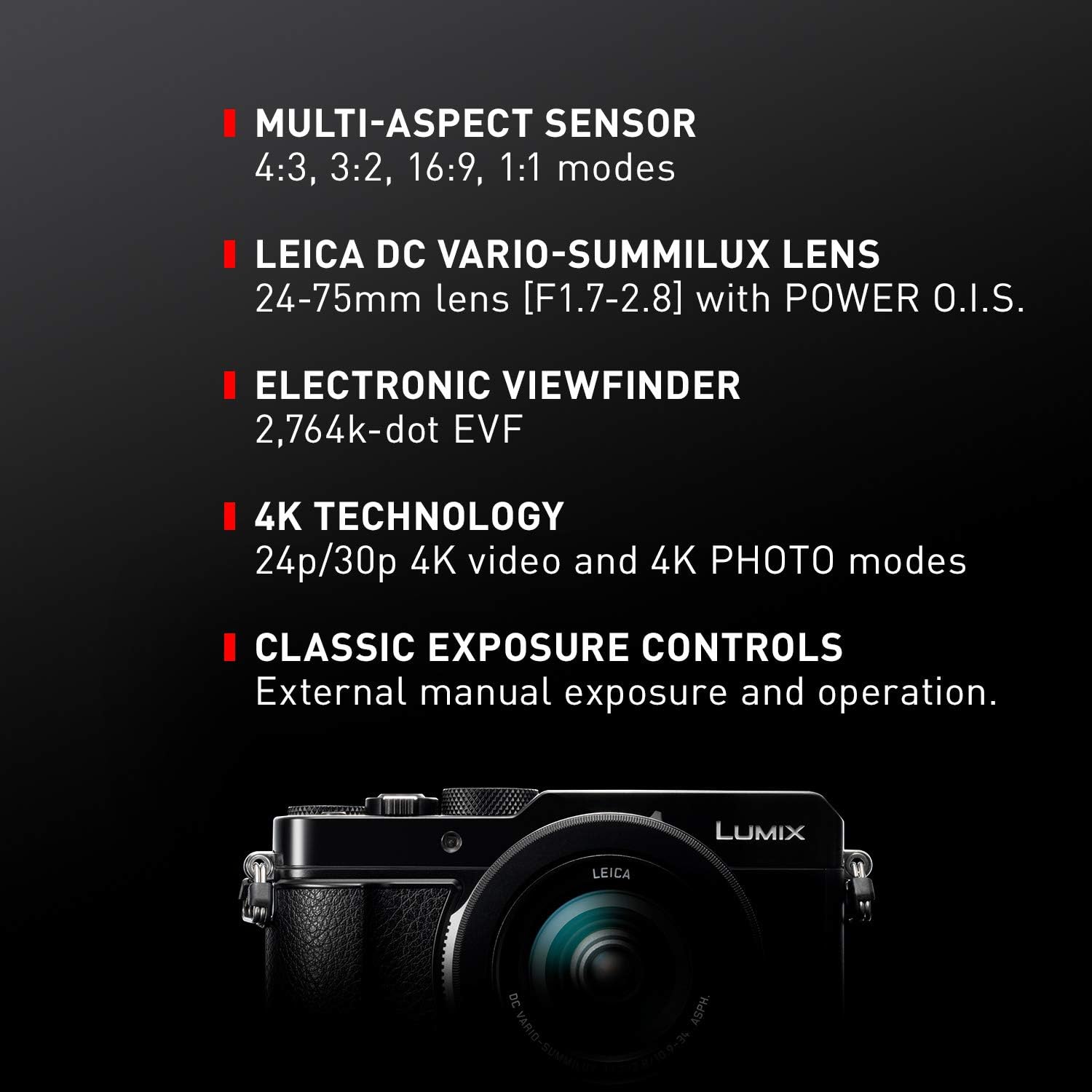 Panasonic Lumix LX100 II Large Four Thirds 21.7 MP Multi Aspect Sensor 24-75mm Leica DC VARIO-SUMMILUX F1.7-2.8 Lens Wi-Fi and Bluetooth Camera with 3