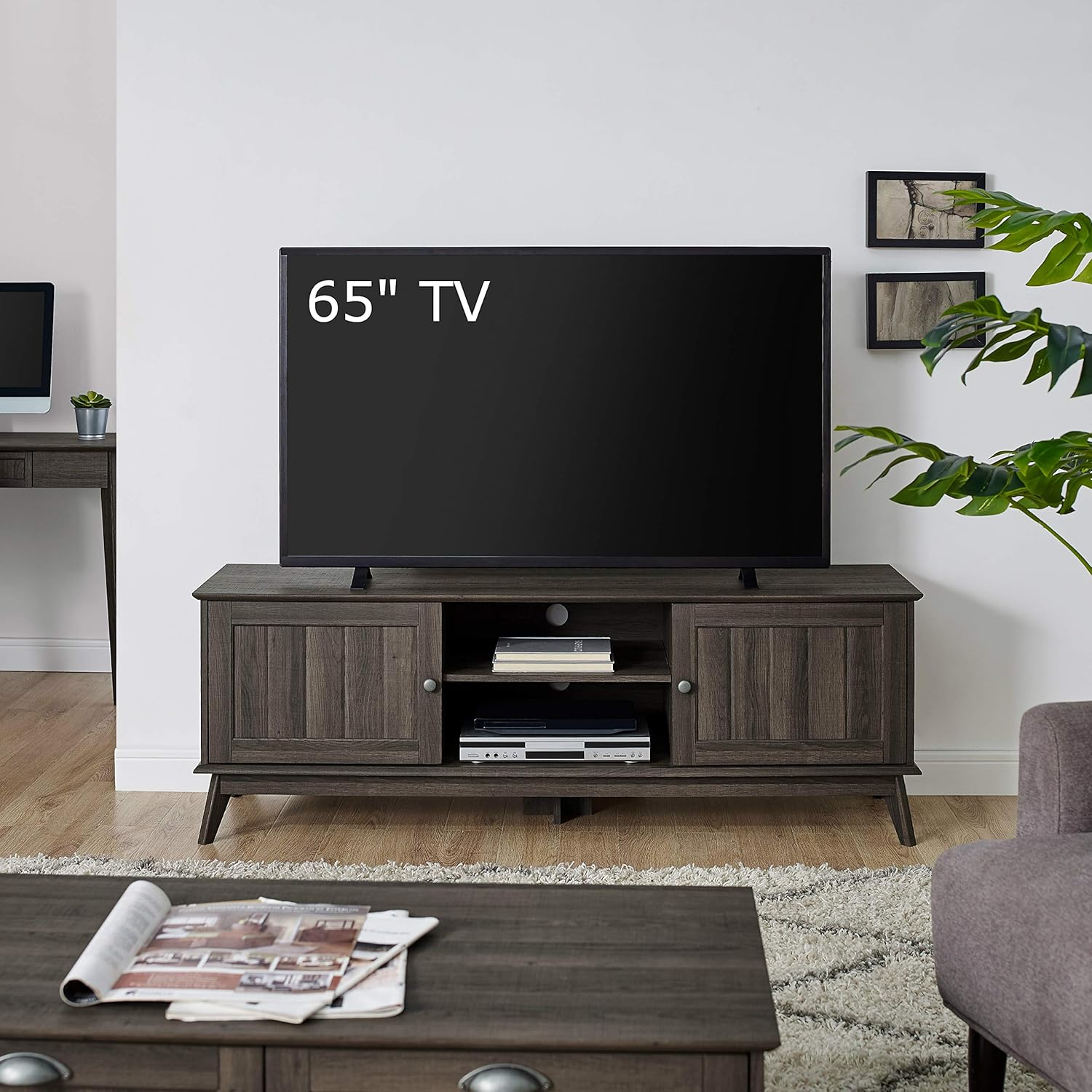 Newport Series Modern TV Media Console Stand Entertainment Center with Two Doors and Adjustable Storage Shelves | Sturdy and Wide| Easy Assembly |Smoke Oak Wood Look Accent Living Room Home Furniture