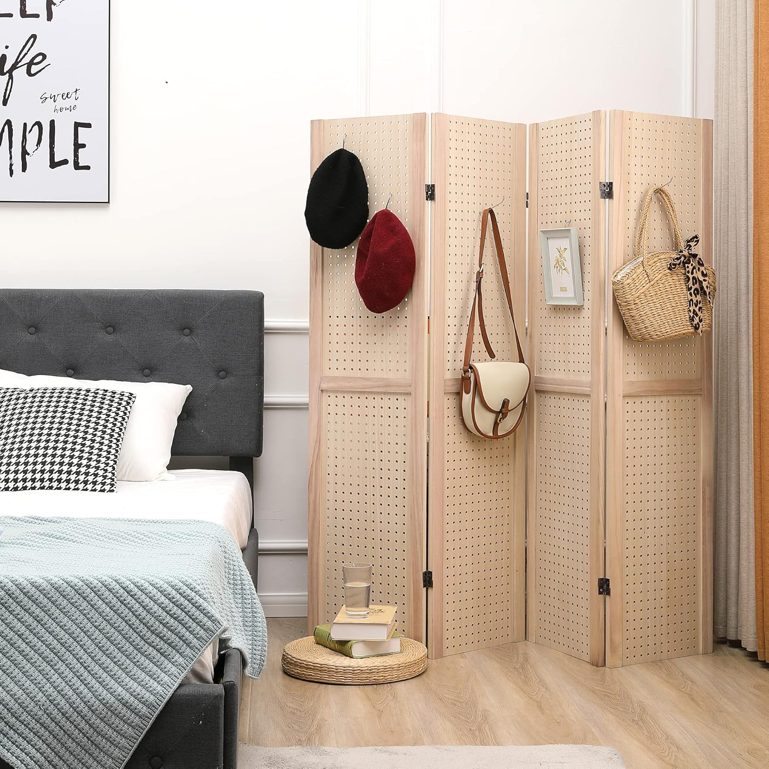 Betterhood 4 Panel Pegboard Display 5 Ft Folding Privacy Partition Room Divider Screen Wood Freestanding Display Board Organizer for Craft Show, Jewelry, Retail, Cloth