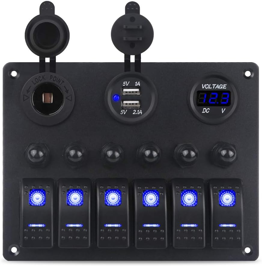 WATERWICH Marine Boat Car 6 Gang ON-Off Ignition Waterproof Toggle Rocker Switch Panel with12V/24V Circuit Breaker LED Voltmeter Car Charger for RV Vehicle Truck (Switch Panel) Pack of 2