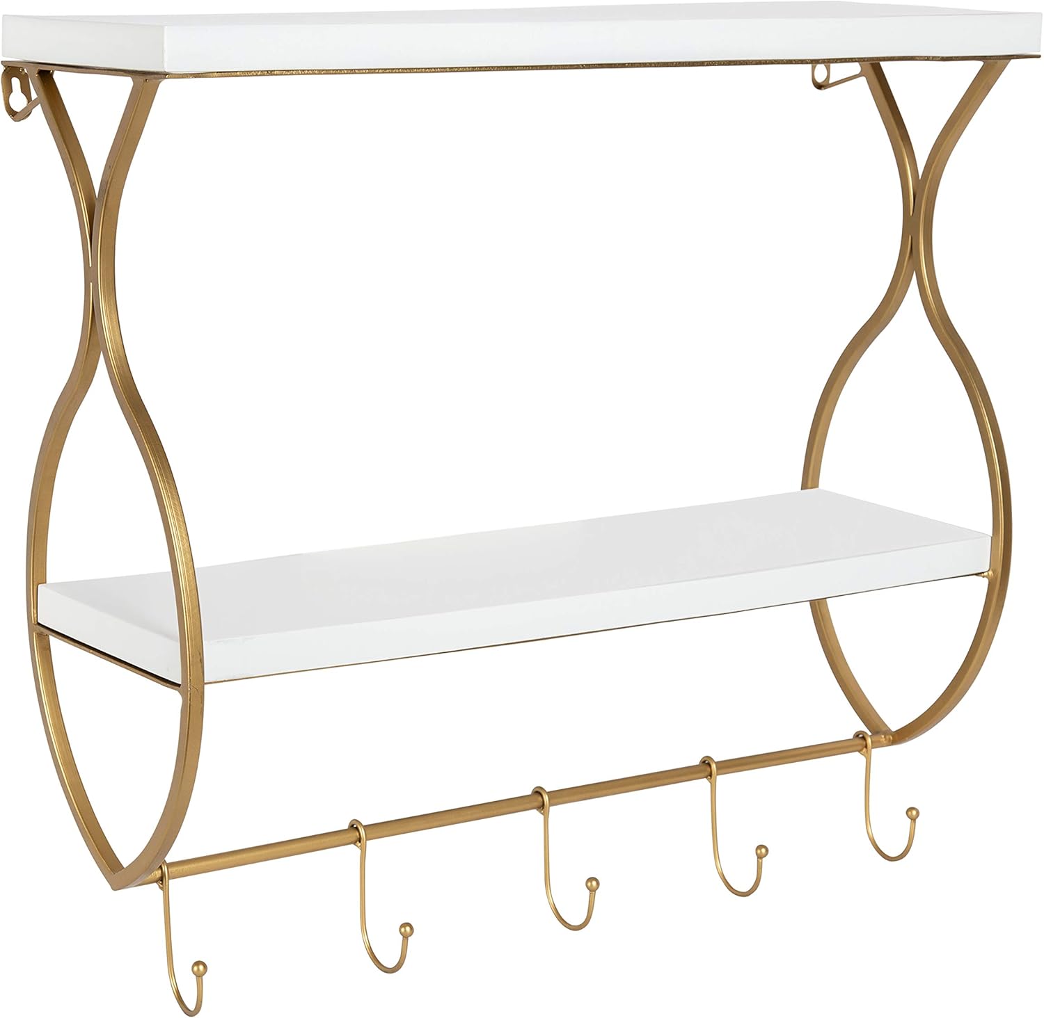 Kate and Laurel Spurling Wood and Metal Floating Wall Shelf with Hooks, Rustic/Black