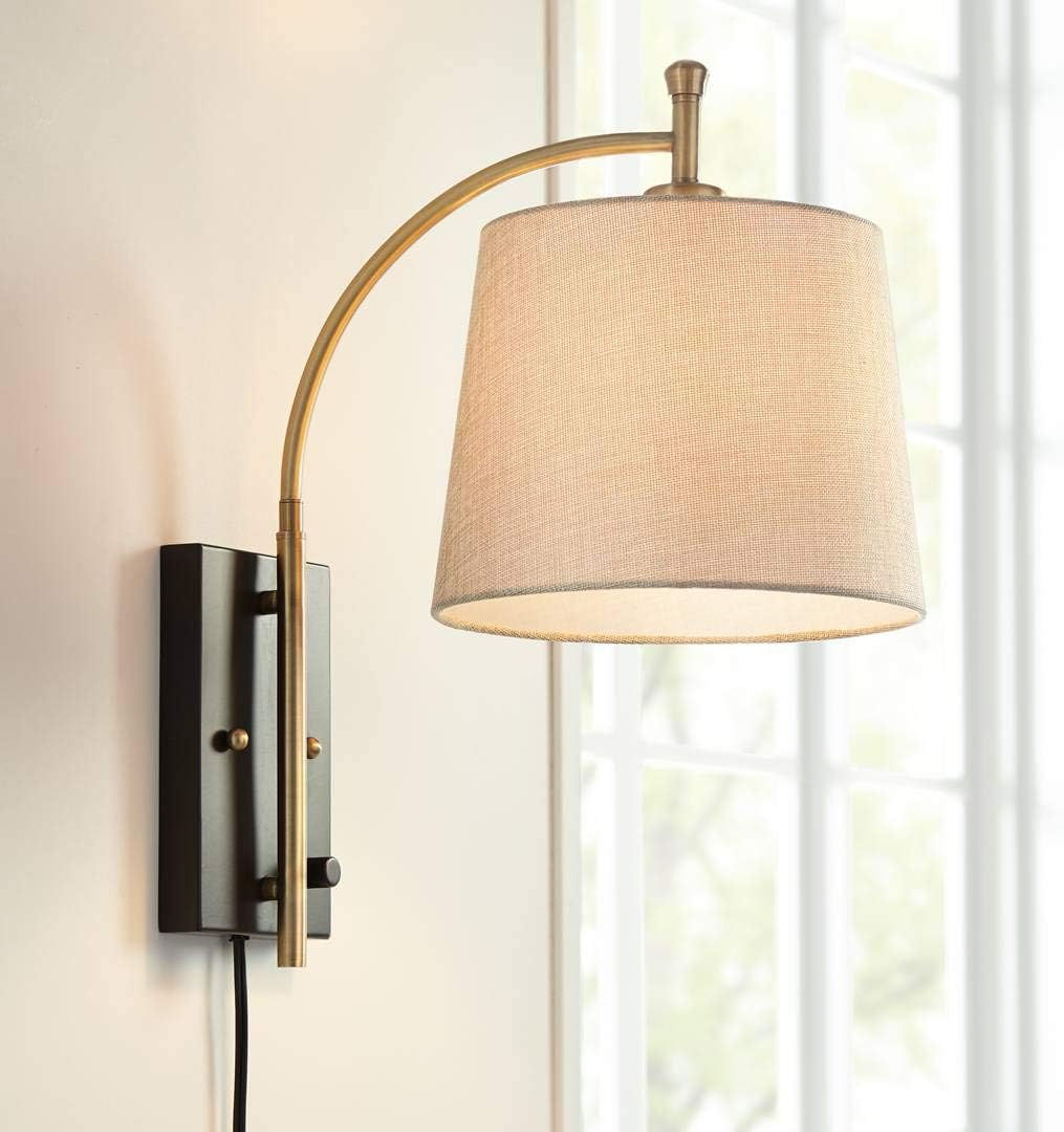 Chester Modern Swing Arm Wall Lamp Antique Brass Black Metal Plug-in Light Fixture Dimmable Tan Drum Shade for Bedroom Bedside House Reading Living Room Home Hallway Dining - 360 Lighting