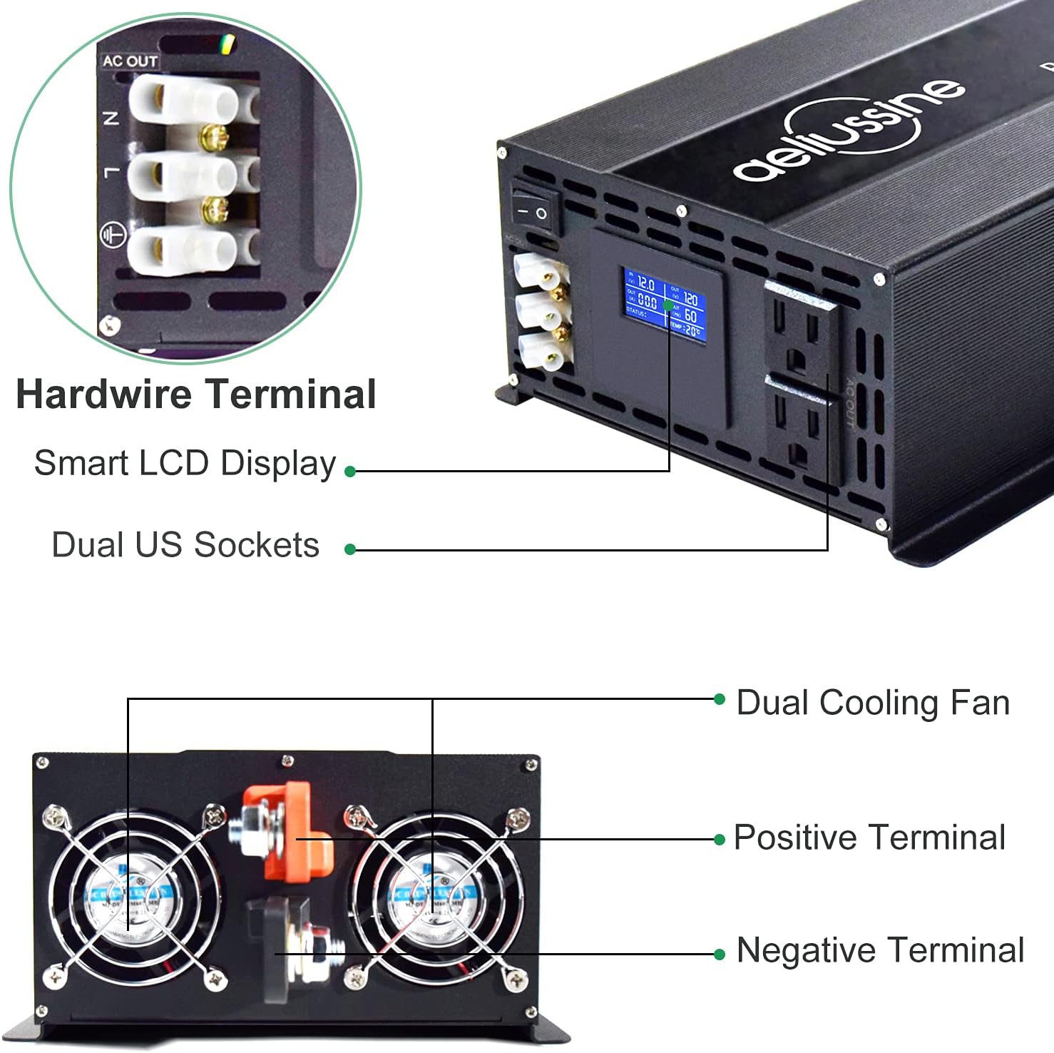 aeliussine 2000 watt Inverter Pure Sine Wave Power Inverter 24v dc to ac 110v 120v with Hardwire Terminal, LCD Displa, for Car RV, Truck, Yacht, and Off Grid Solar Power System (2000w 24v)