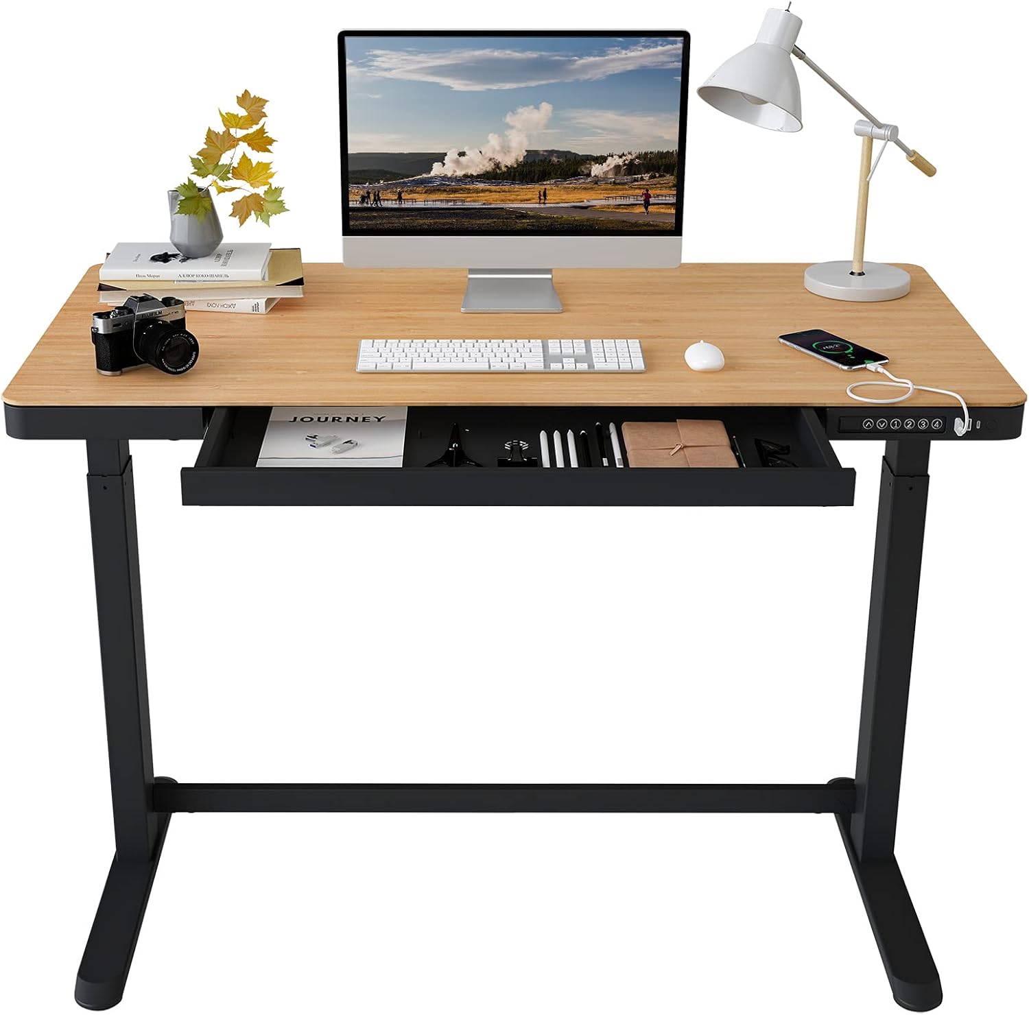 FLEXISPOT EB8 Standing Desk with Drawers Electric Sit Stand up Desk with Storage 48 x 24 Inches Bamboo Texture Desktop and Height Adjustable Black Frame (USB Charge Ports, Child Lock)