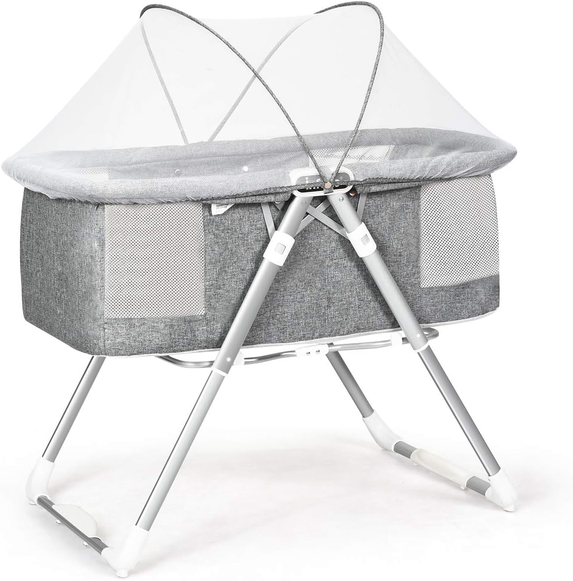 INFANS 2 in 1 Rocking Bassinet for Newborn Baby, One-Second Fold Travel Crib with Detachable & Thicken Mattress, Height Adjustable Legs, Mosquito Net, Cradle with Rock Mode & Stationary (Gray)