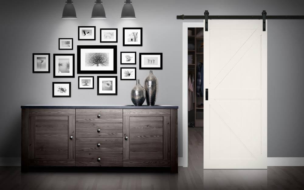 Renin Solid Core Wood K Brace Door Painted White 36-in x 84-in White K-FRAME Prefinished MDF Single Barn Door (Hardware Included