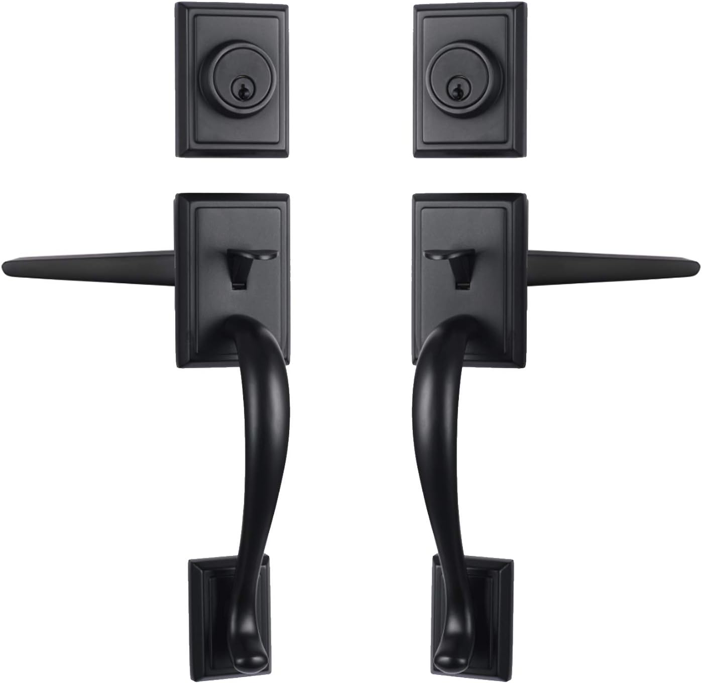 2 Pack Matte Black Lockset Keyalike Double Door Handleset with Single Cylinder Deadbolt Lock and Halifax Lever in Iron Black Finish Lockset Double Door Lockset(Keyed&Dummy)