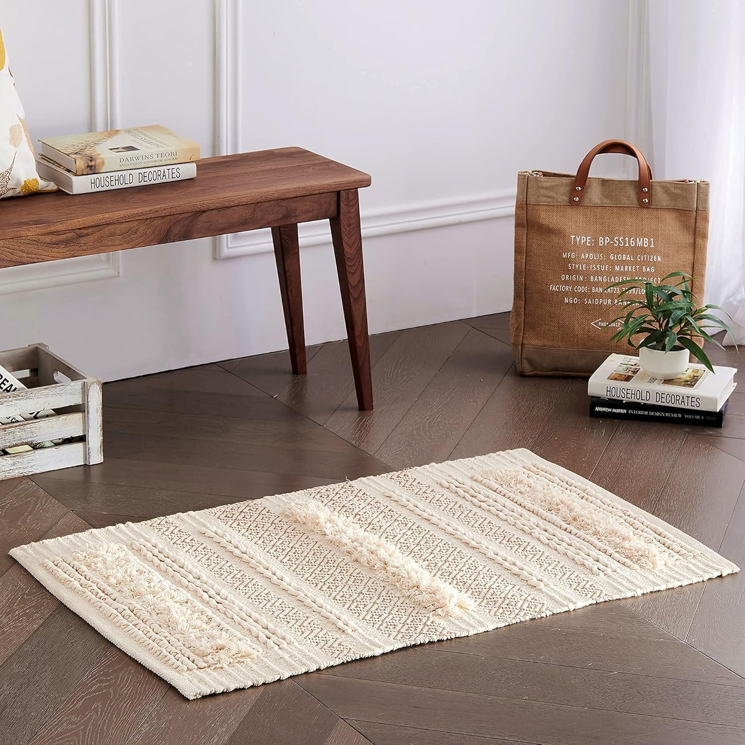 MOTINI Tufted Cotton Area Rug 2' x 3', Hand Woven Knotted Boho Accent Carpet, Ivory Beige Throw Rug with Gold Metallic Thread for Living Room Bedroom Entryway
