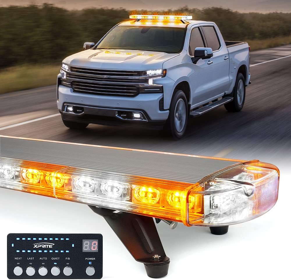 Xprite 48 Inch LED Amber Rooftop Emergency Warning Lights Bar 16 Strobe Patterns w/ Adjustable Mounting Brackets for Vehicles, Security, Law Enforcement, Snowplow, Tow Trucks, Crane, Construction Cars