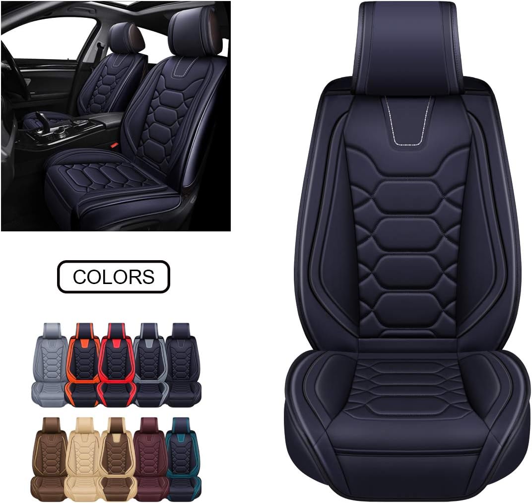 OASIS AUTO OS-004 Leather Car Seat Covers, Faux Leatherette Automotive Vehicle Cushion Cover for 5 Passenger Cars & SUV Universal Fit Set for Auto Interior Accessories (Front&Rear, Black&Orange)