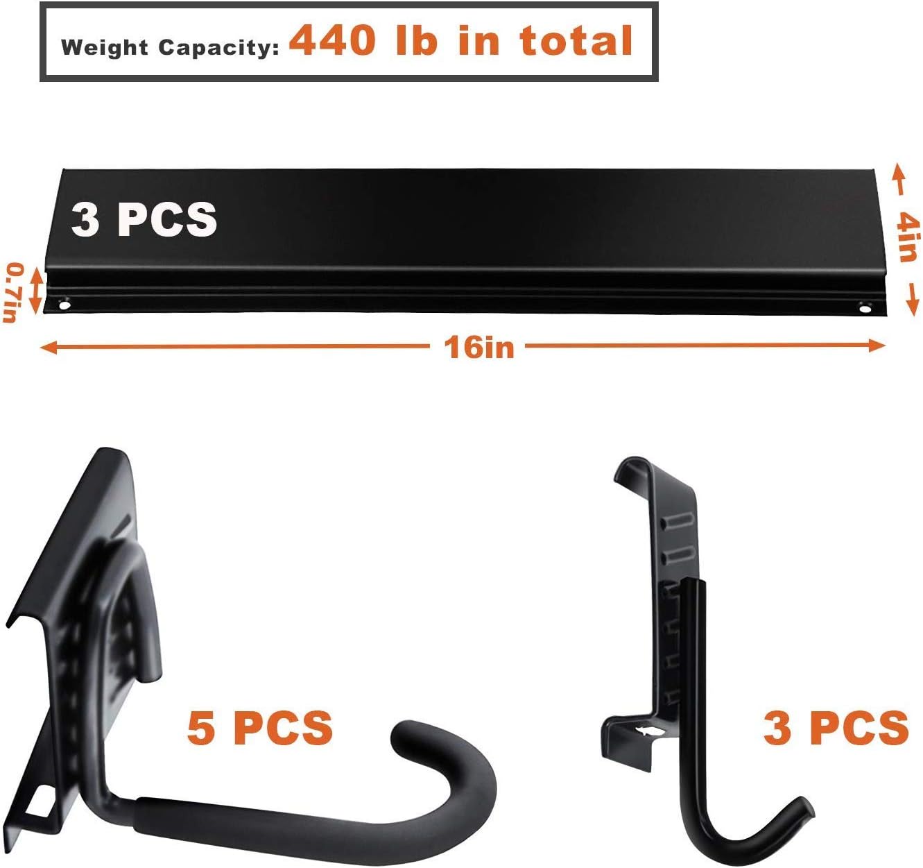 Wallmaster Bike Storage Rack 5 Bicycles Hooks Wall Mount Bike Hanger Indoor Space Saving (8 Hooks and 3 Rails)