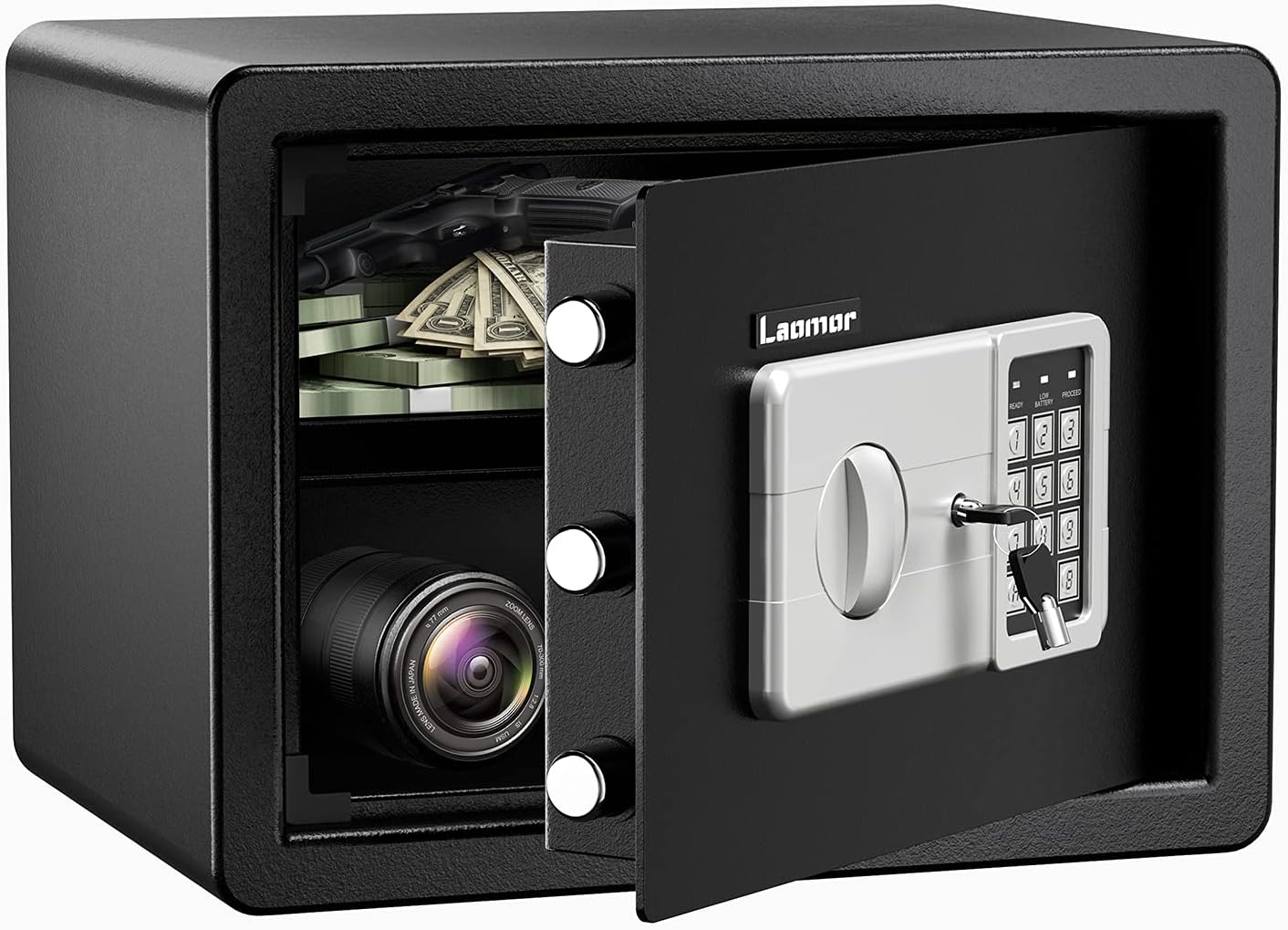 Small Safe Box for Money, Laomor Cabinet Safes 0.8 Cubic Feet Lock Box with Digital Safe Keypad for Home, Perfect for Home Office Hotel Jewelry Cash Use Storage, Black