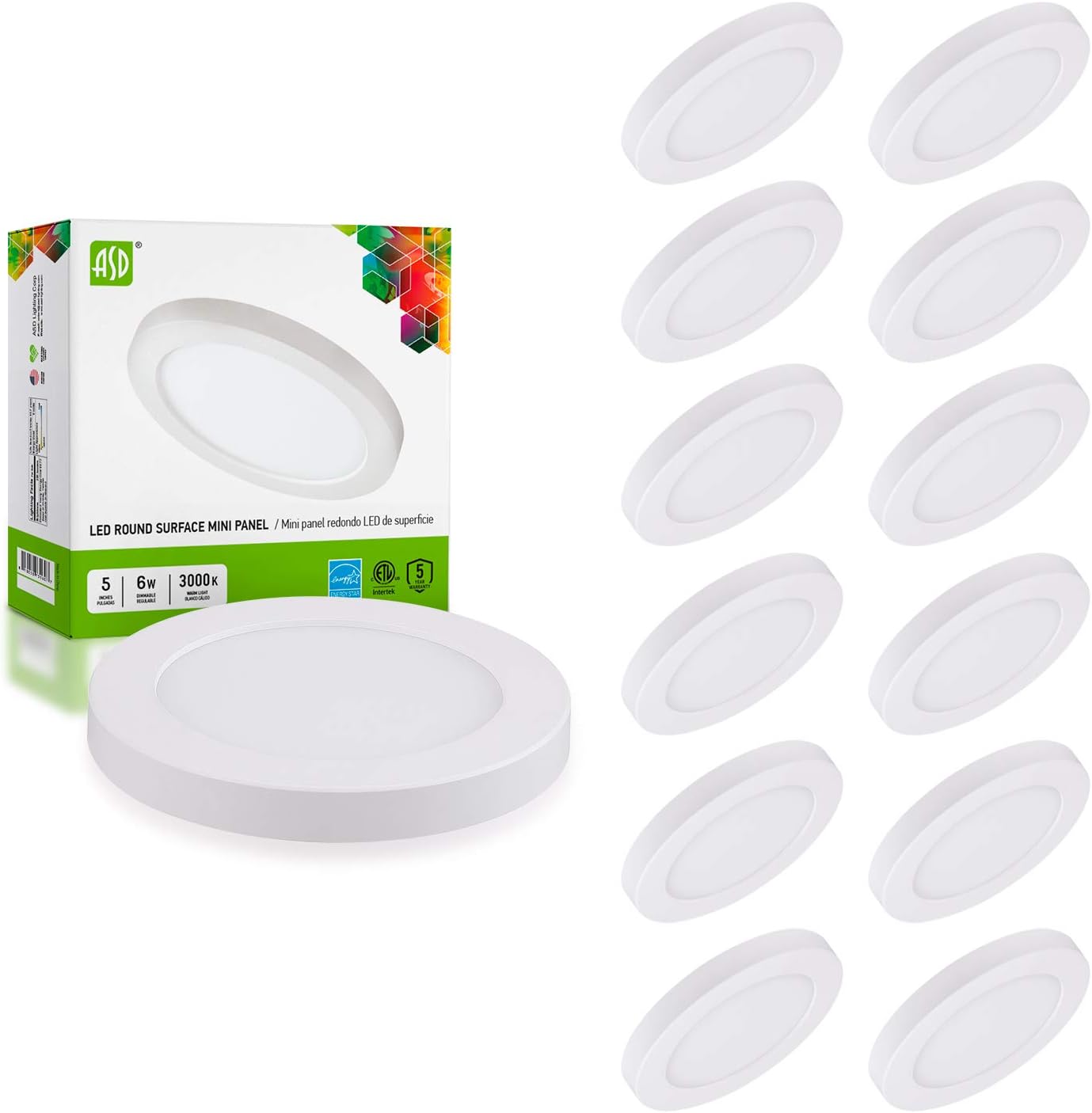 ASD (12 Pack) 9 Inch Flush Mount LED Ceiling Light Fixture, Dimmable Surface Mount Round LED Panel, 18W=100W Equivalent, 1260 Lm, 5000K (Daylight), ETL Listed Energy Star Certified