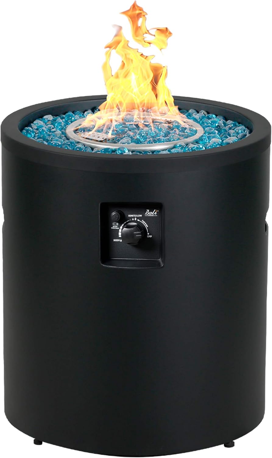 BALI OUTDOORS 23 inch Propane Gas Fire Pits, 50,000 BTU Round Gas Fire Pit with Fire Glass, Column Fire Bowl for Outdoor, Garden, Patio, Backyard