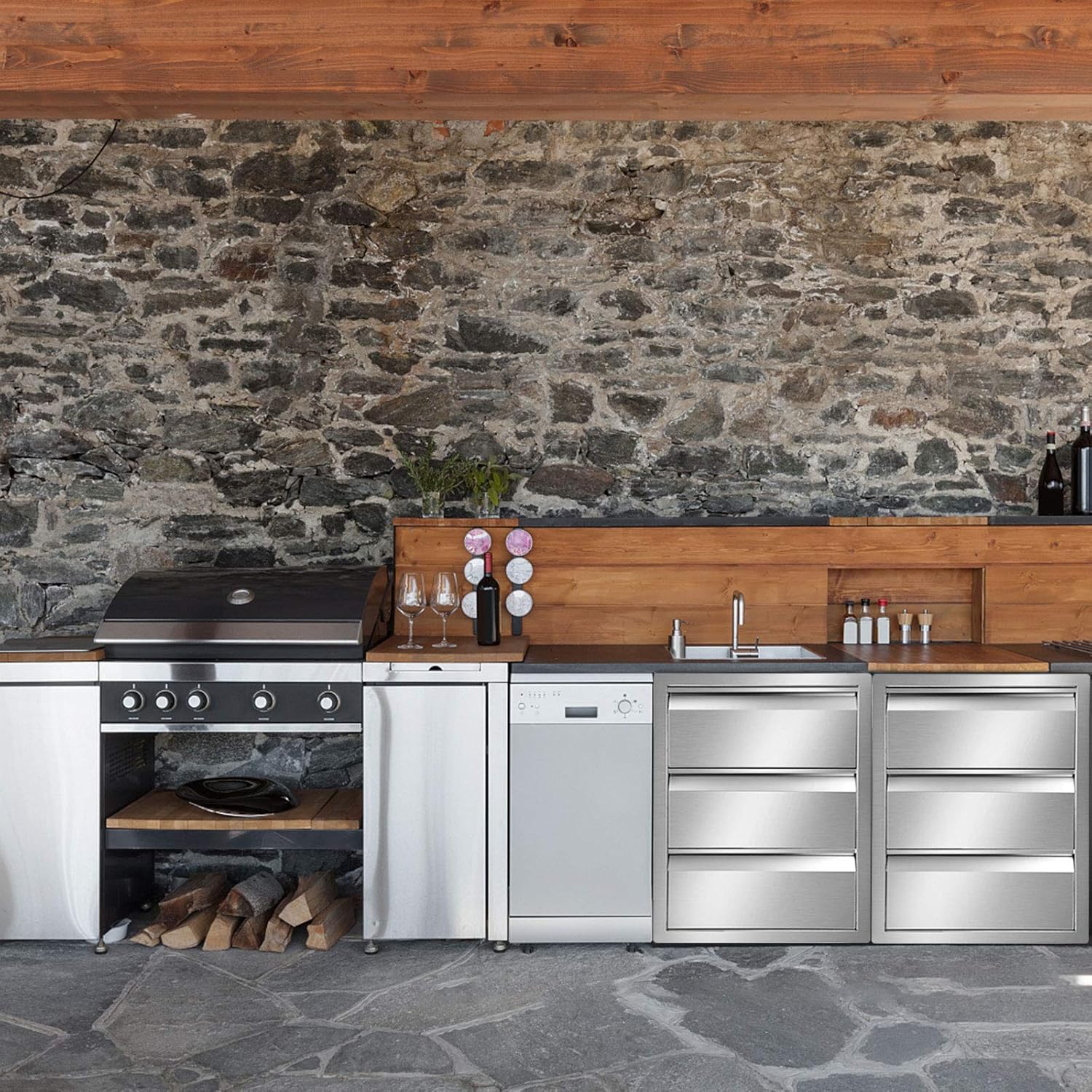 Hottoby Outdoor Kitchen Drawers Stainless Steel Triple Access BBQ Drawers Box Frame Style Flush Mount for Outdoor Cabinets & BBQ Island/Grill (14' 'x 20