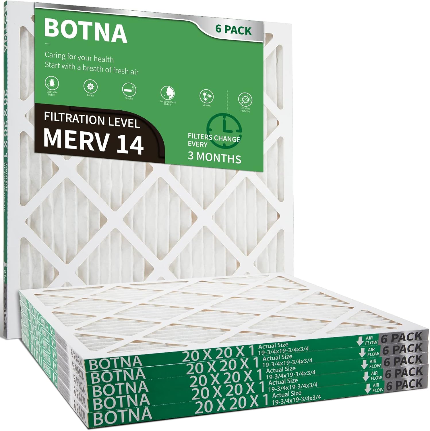 BOTNA 20x20x1 MERV 14 Furnace Filter, Pleated HVAC AC Filter, Box Fan Filter 6 Pack