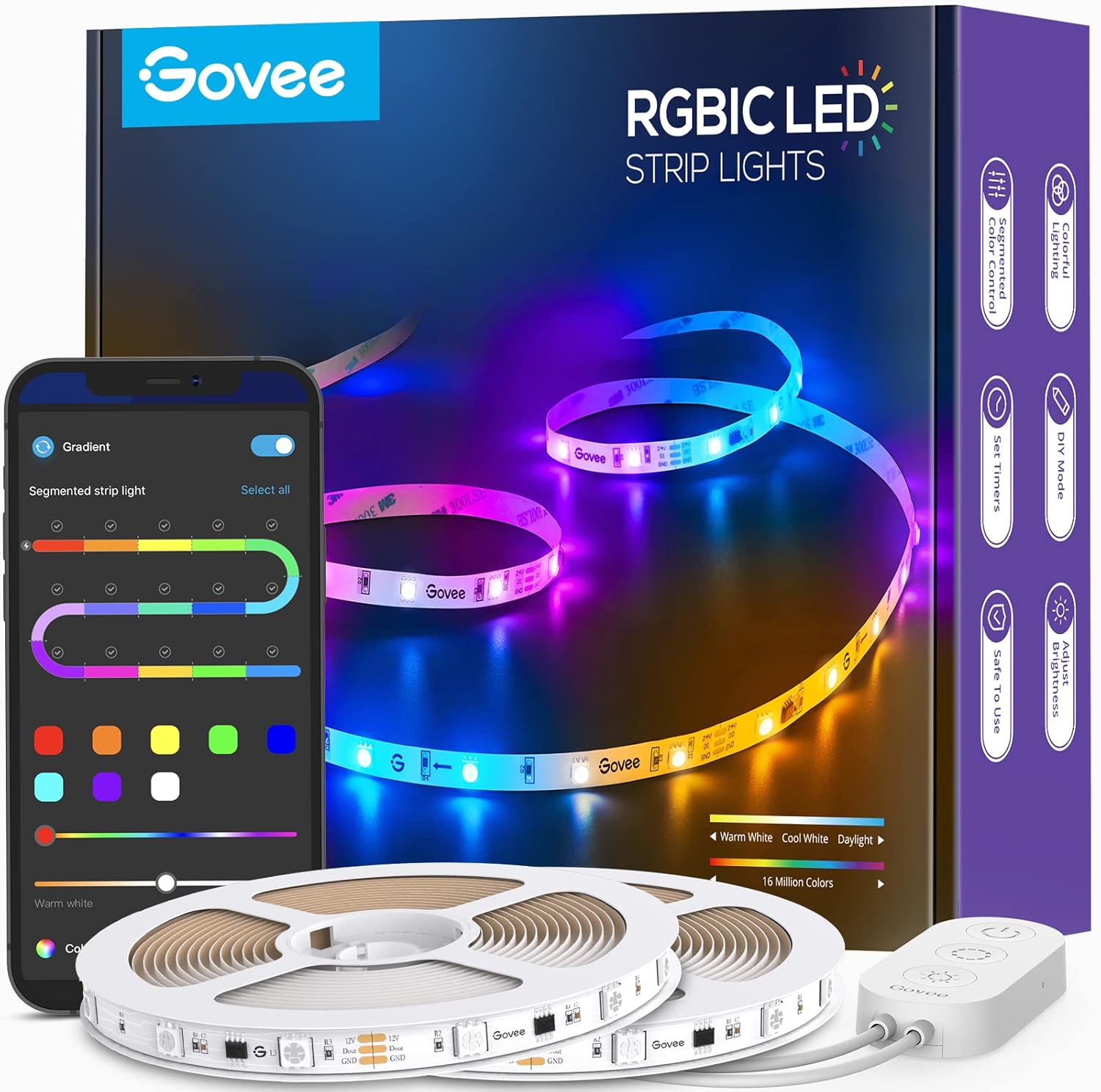 Govee 65.6ft RGBIC LED Strip Lights, Color Changing LED Strips, App Control via Bluetooth, Smart Segmented Control, Multiple Scenes, Enhanced Music Sync LED Lights for Bedroom, Party (2 X 32.8ft) Pack of 2