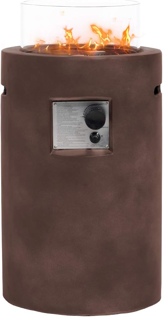 HOMPUS Outdoor 12-Inch Round Propane Fire Pits 40,000 BTU Patio Fire Place w Glass Wind Guard, Free Lava Rocks and Rain Cover, Internal Tank Storage