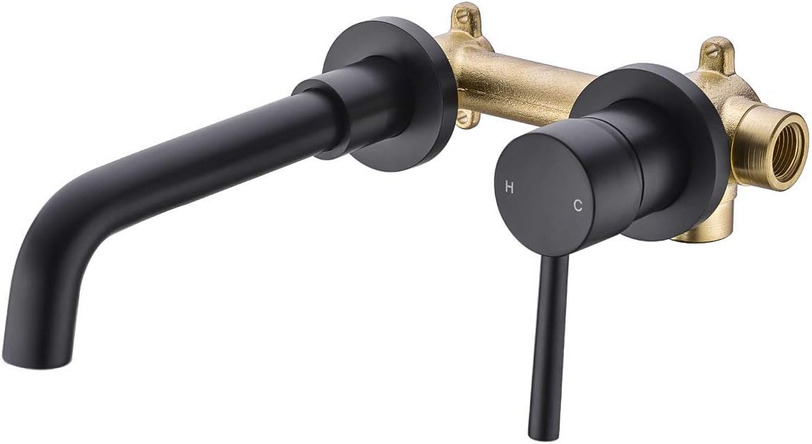 HANEBATH Brass Matte Black Bathroom Faucet, Single Handle Wall Mount Bathroom Sink Faucet with Rough in Valve