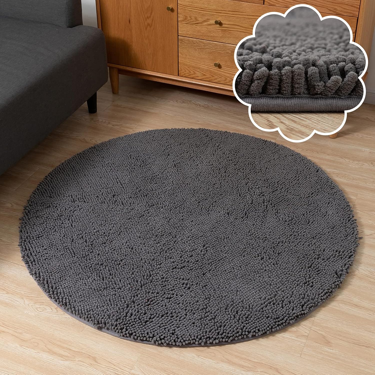 ANTJUMPER 3ft Navy Blue Round Rug, Circle Chenille Rug for Living Room, Small Round Area Rug with Non-Slip TPR Underlayer for Bedroom, Machine Washable, Indoor