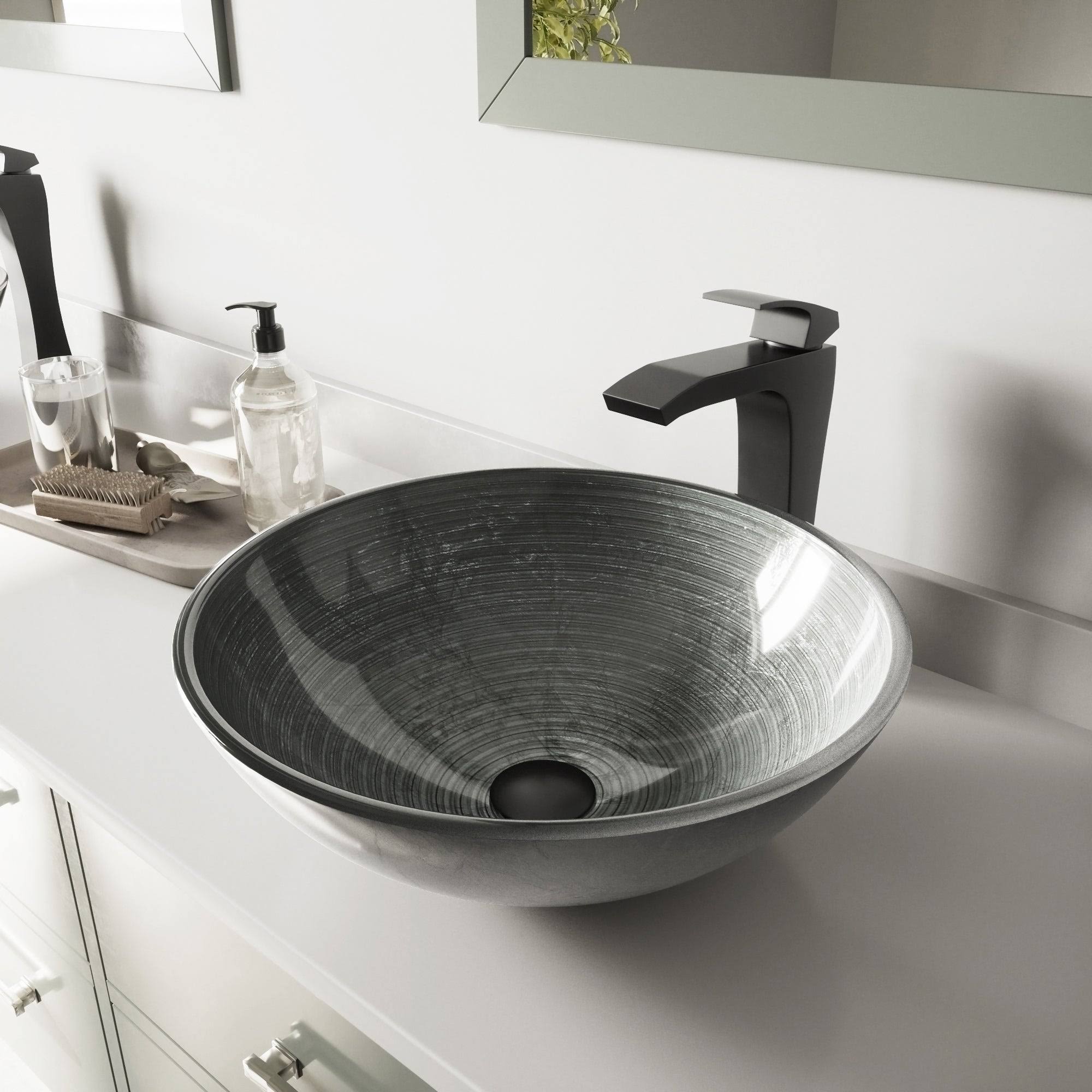 Vigo VGT609 Simply Silver Glass Vessel Sink and Blackstonian Faucet Set in Matte Black