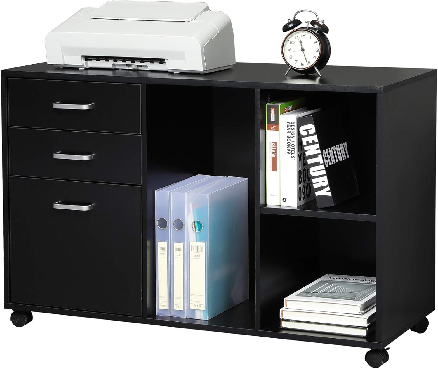 Itaar 39 inches File Cabinets for Home Office with Drawer, Wood Mobile Lateral Filing Cabinet on Wheels Printer Stand and Open Storage Shelves, Black