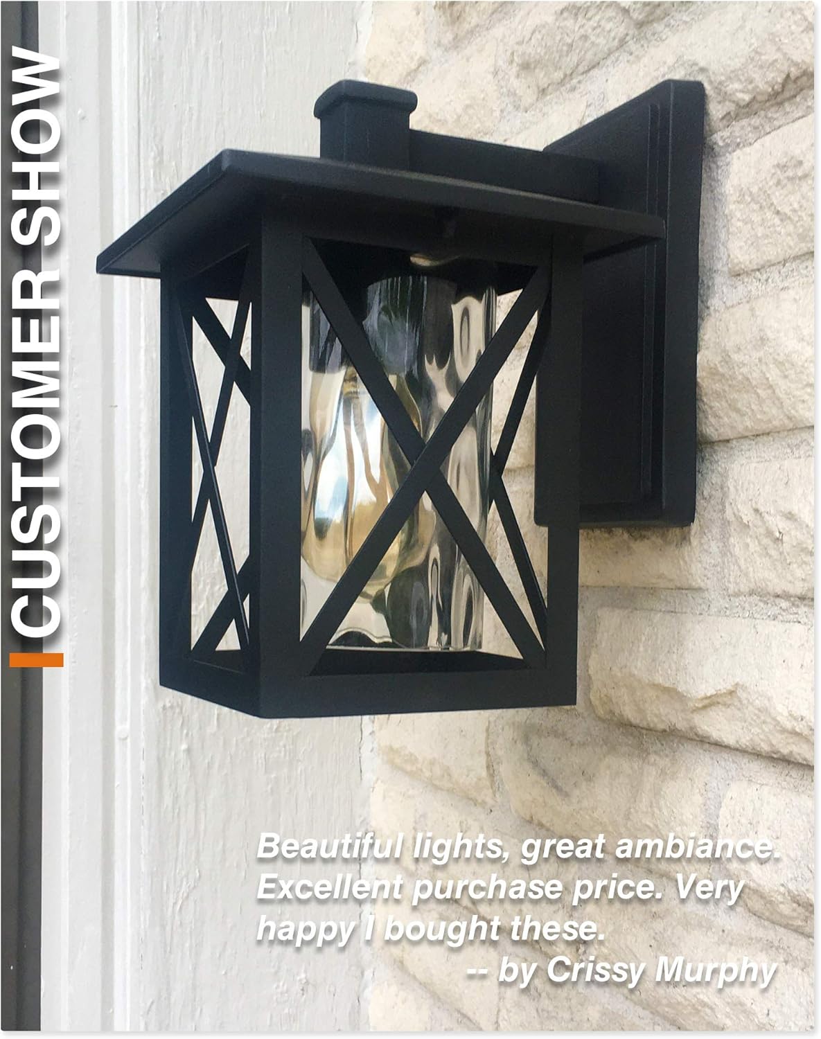 Beionxii Outdoor Wall Sconces | Twin-Pack Exterior Porch Light Fixtures, Sand Textured Black with Water Rippled Glass - A330W-2PK